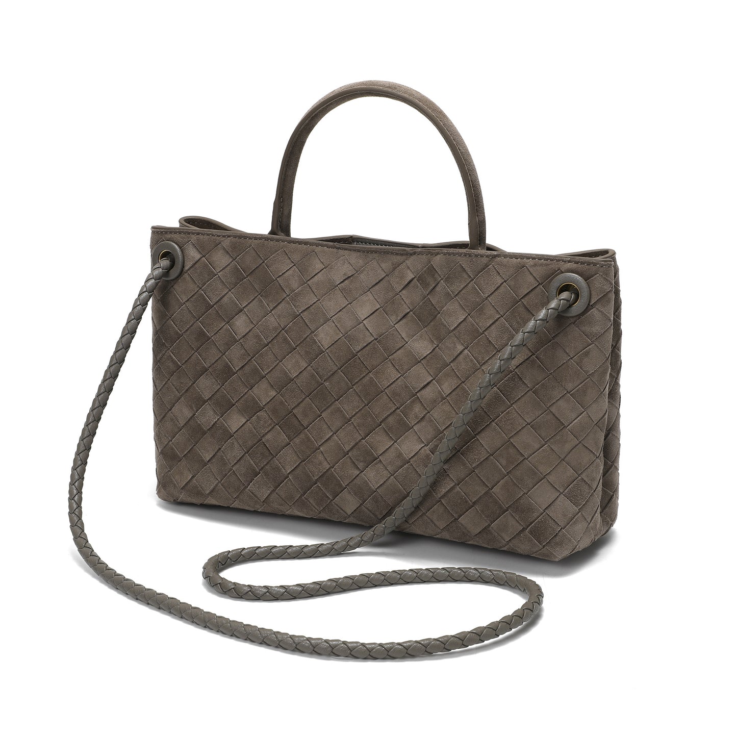 Woven Suede Leather Top Handle Satchel