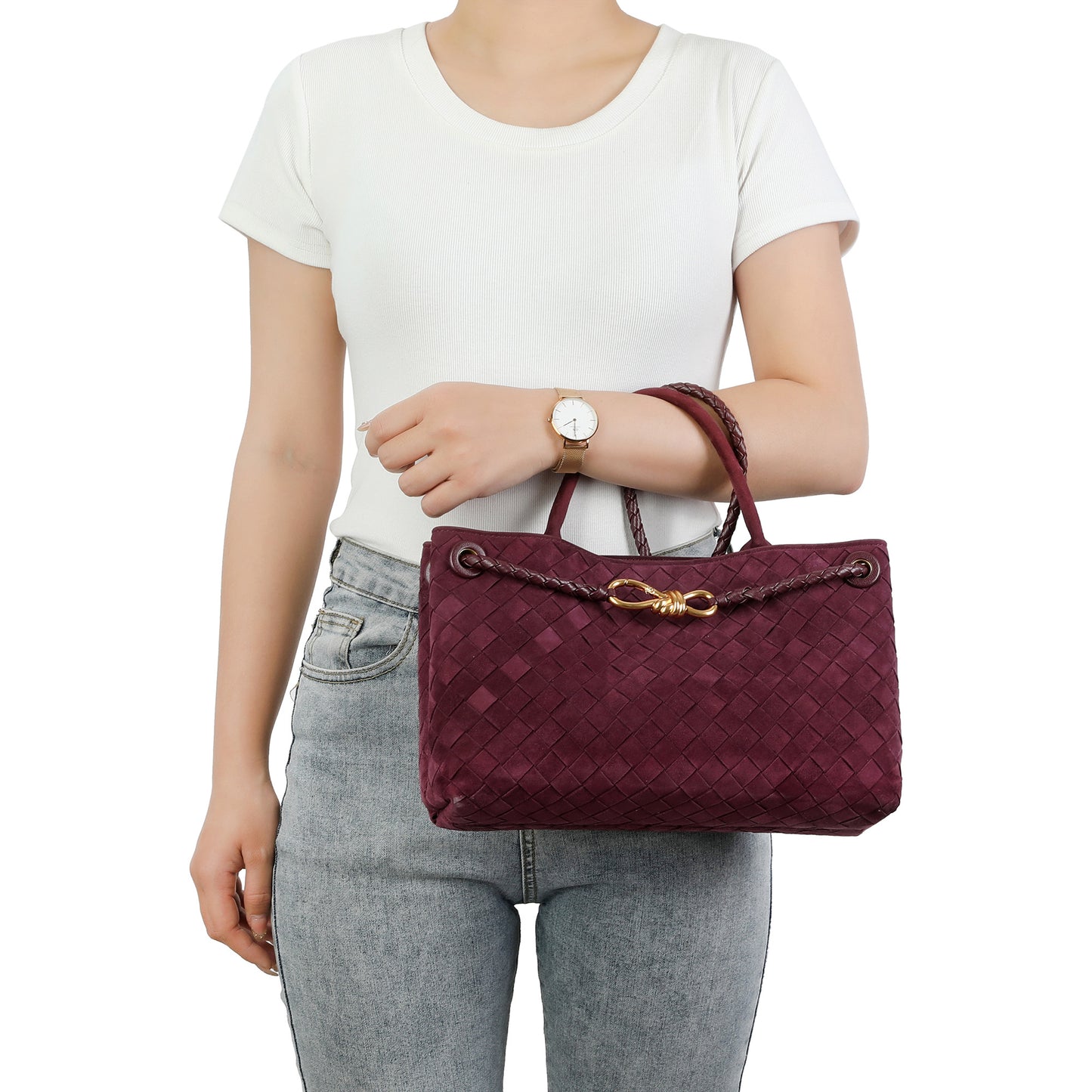 Woven Suede Leather Top Handle Satchel