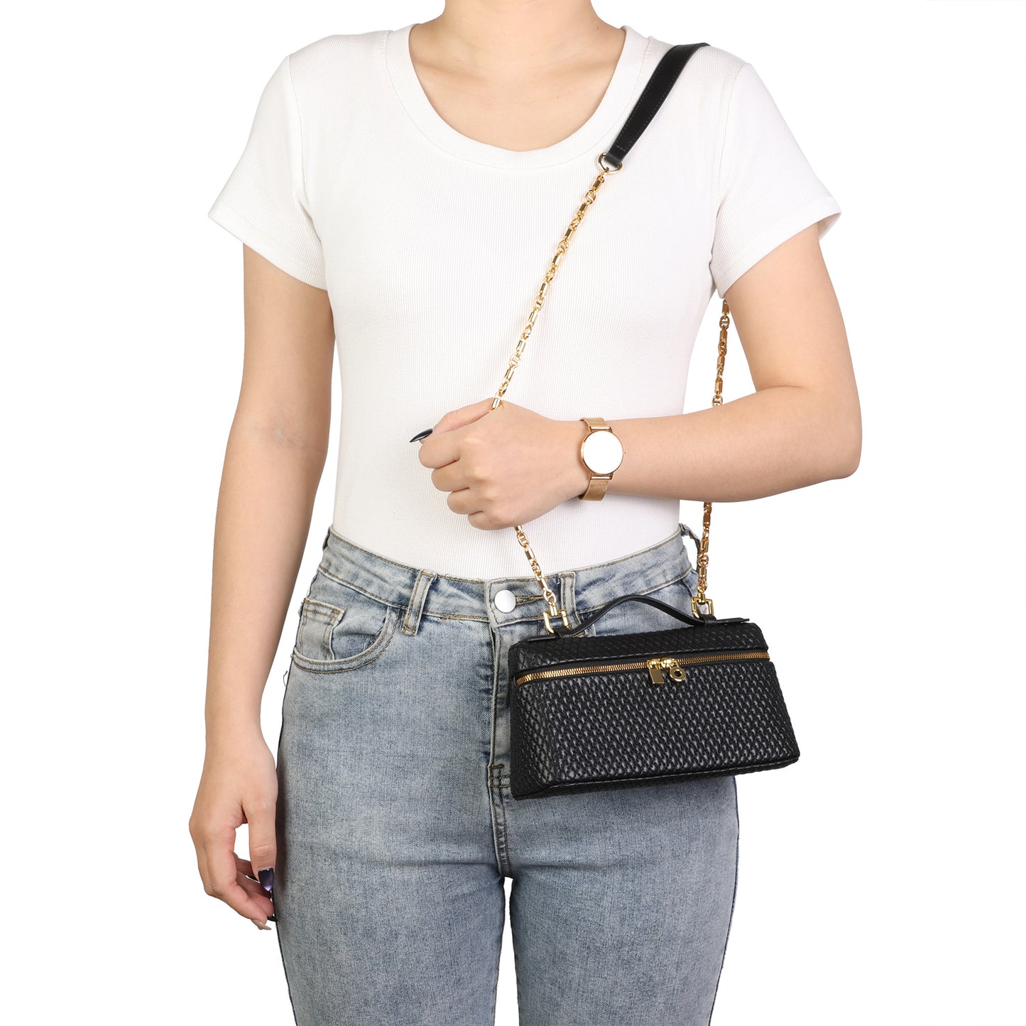 Woven Leather Vanity Top Handle Crossbody