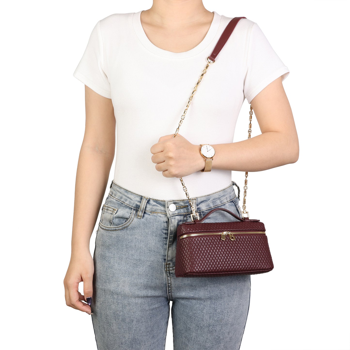 Woven Leather Vanity Top Handle Crossbody