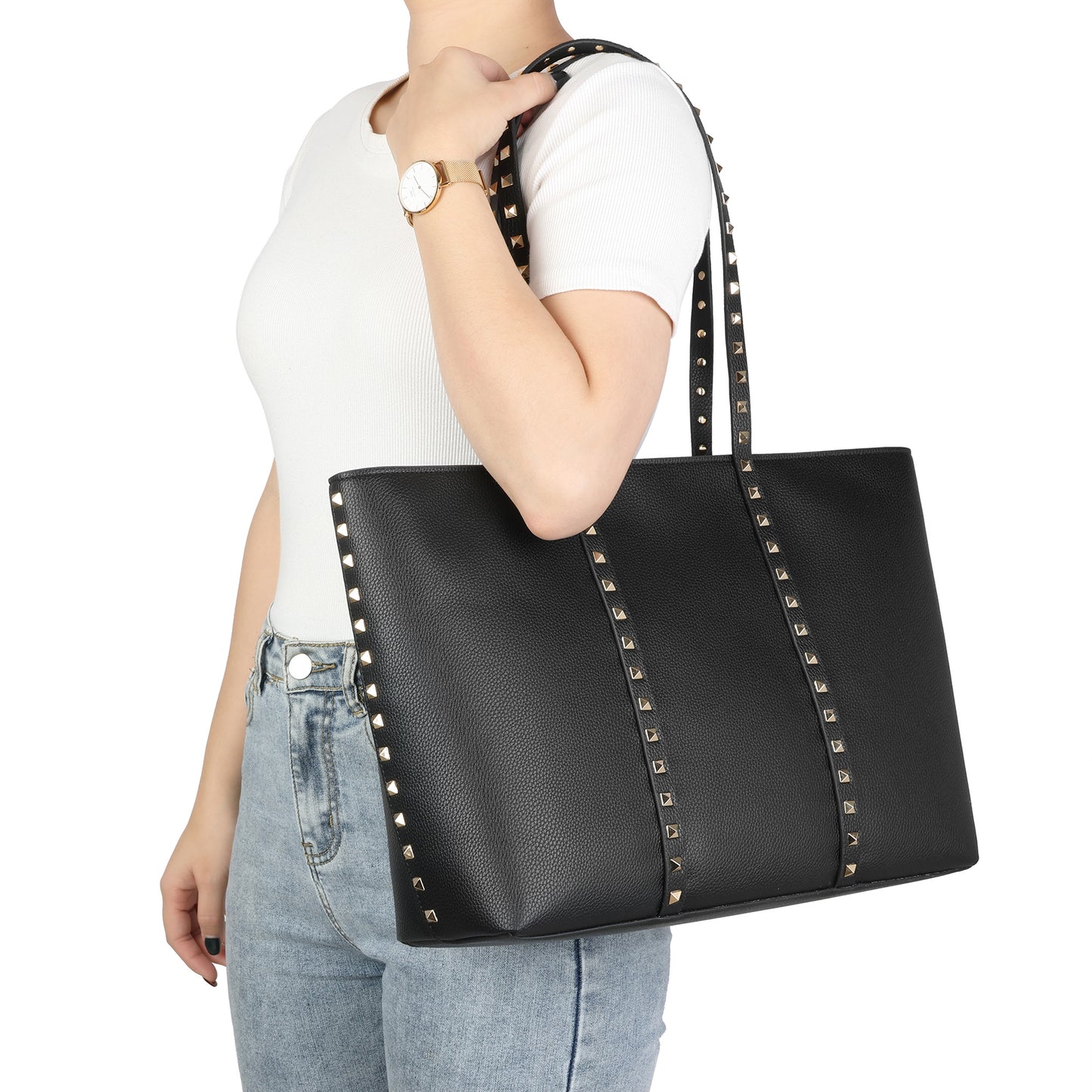 Studded Leather Tote with Long Shoulder Straps