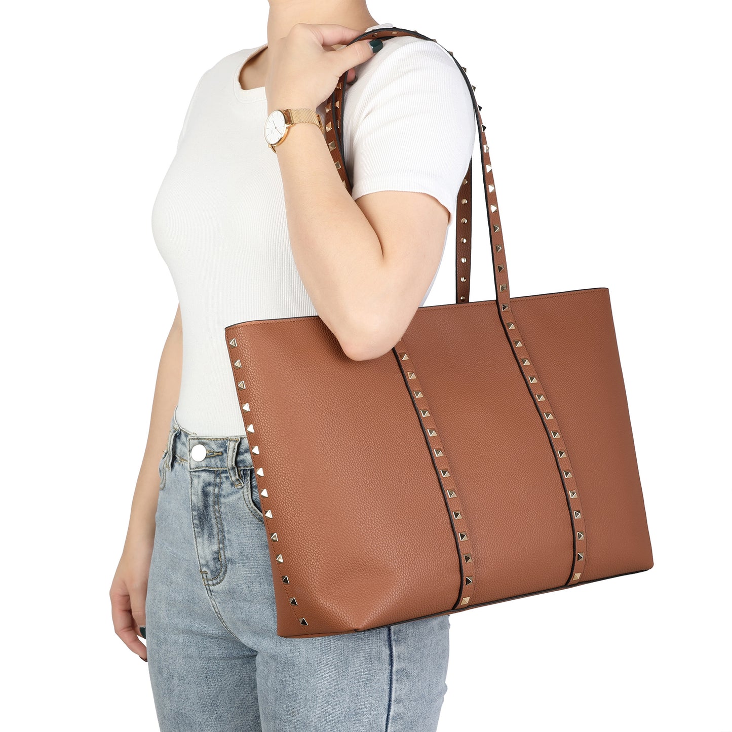 Studded Leather Tote with Long Shoulder Straps