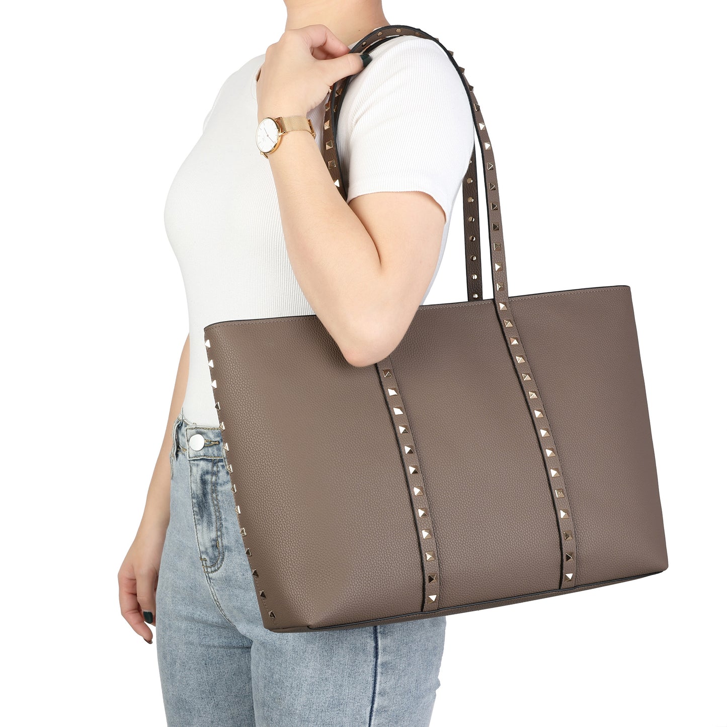 Studded Leather Tote with Long Shoulder Straps