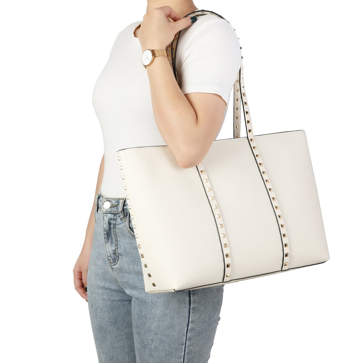 Studded Leather Tote with Long Shoulder Straps