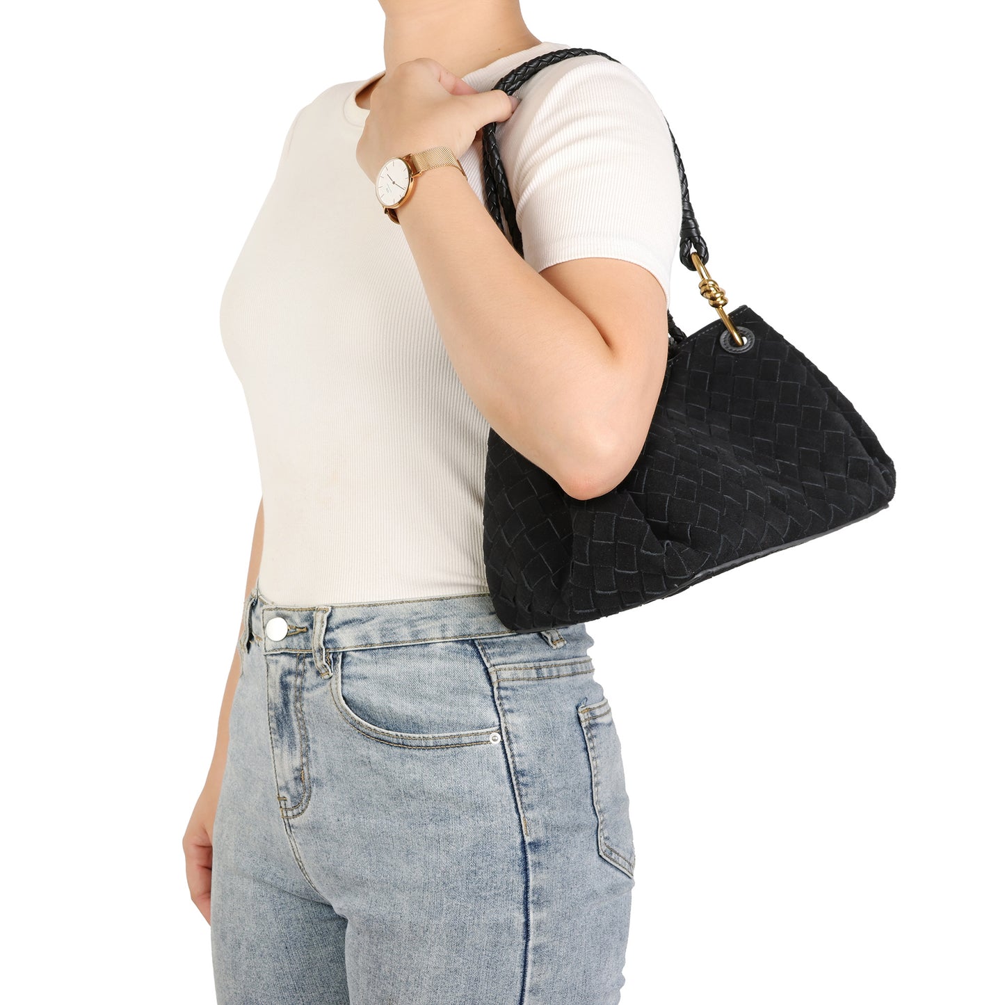 Suede Woven Leather Shoulder Bag with Braided Strap