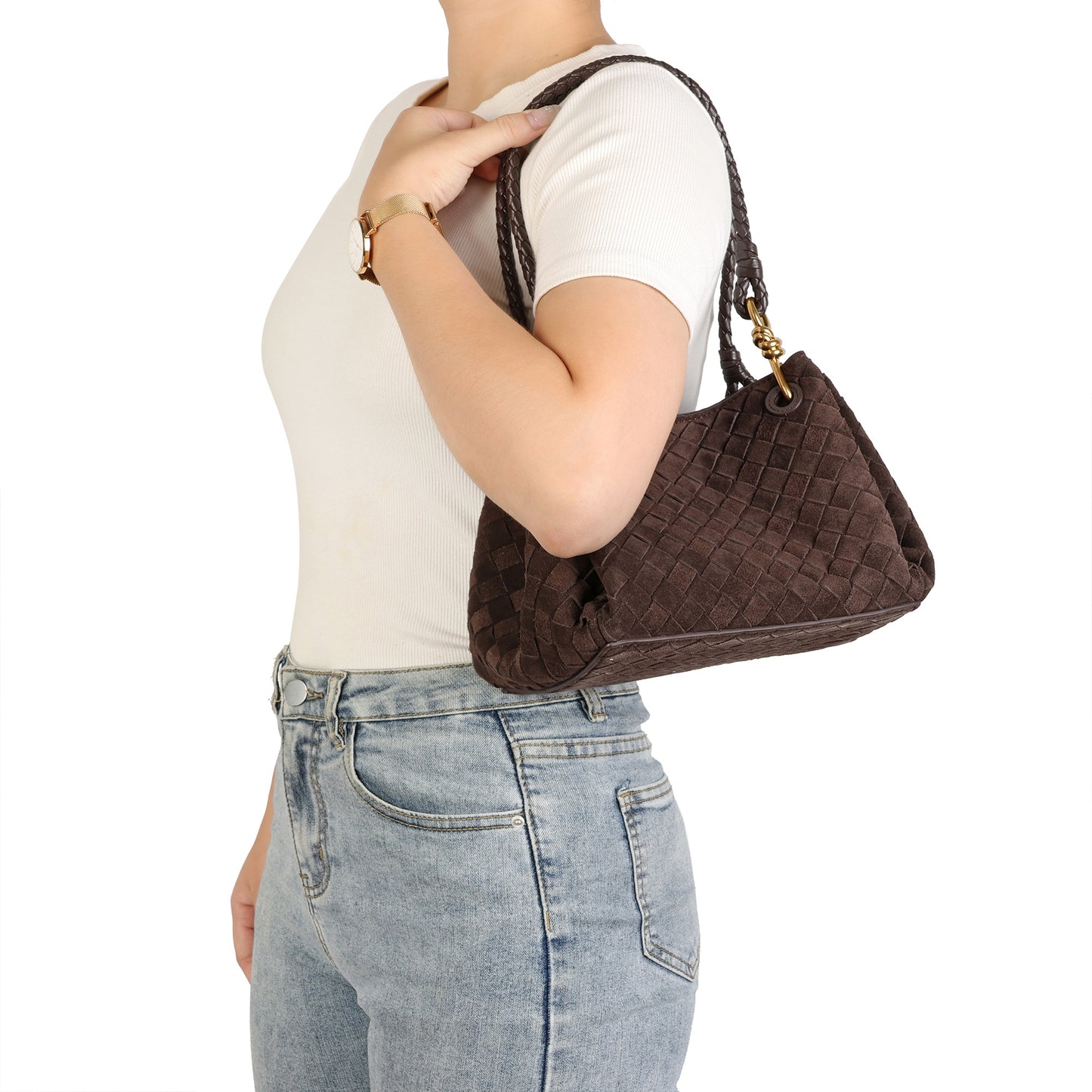 Suede Woven Leather Shoulder Bag with Braided Strap