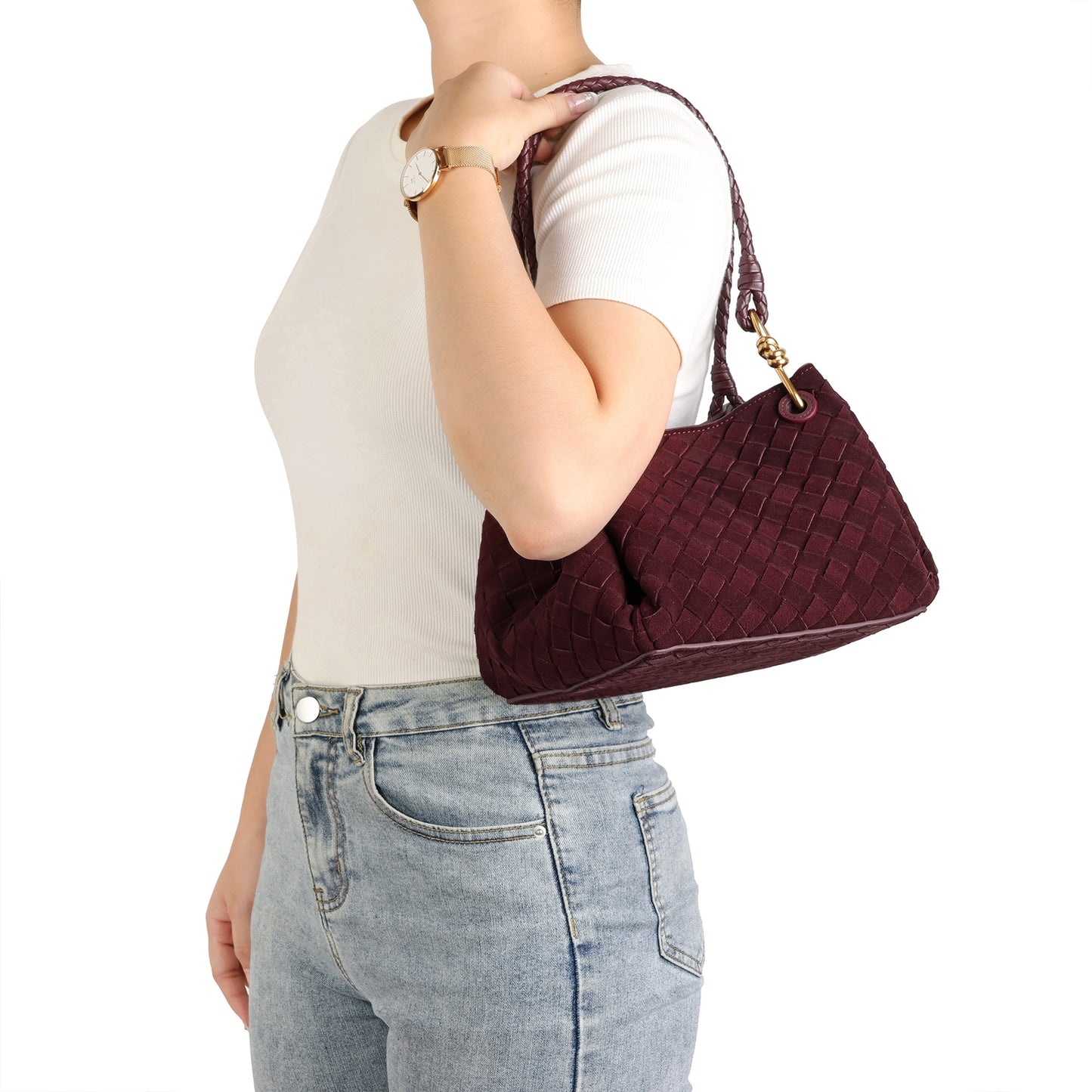 Suede Woven Leather Shoulder Bag with Braided Strap