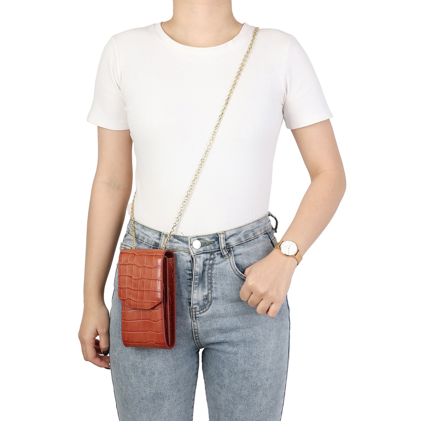 Compact Croc-Embossed Crossbody Bag with Chain Strap