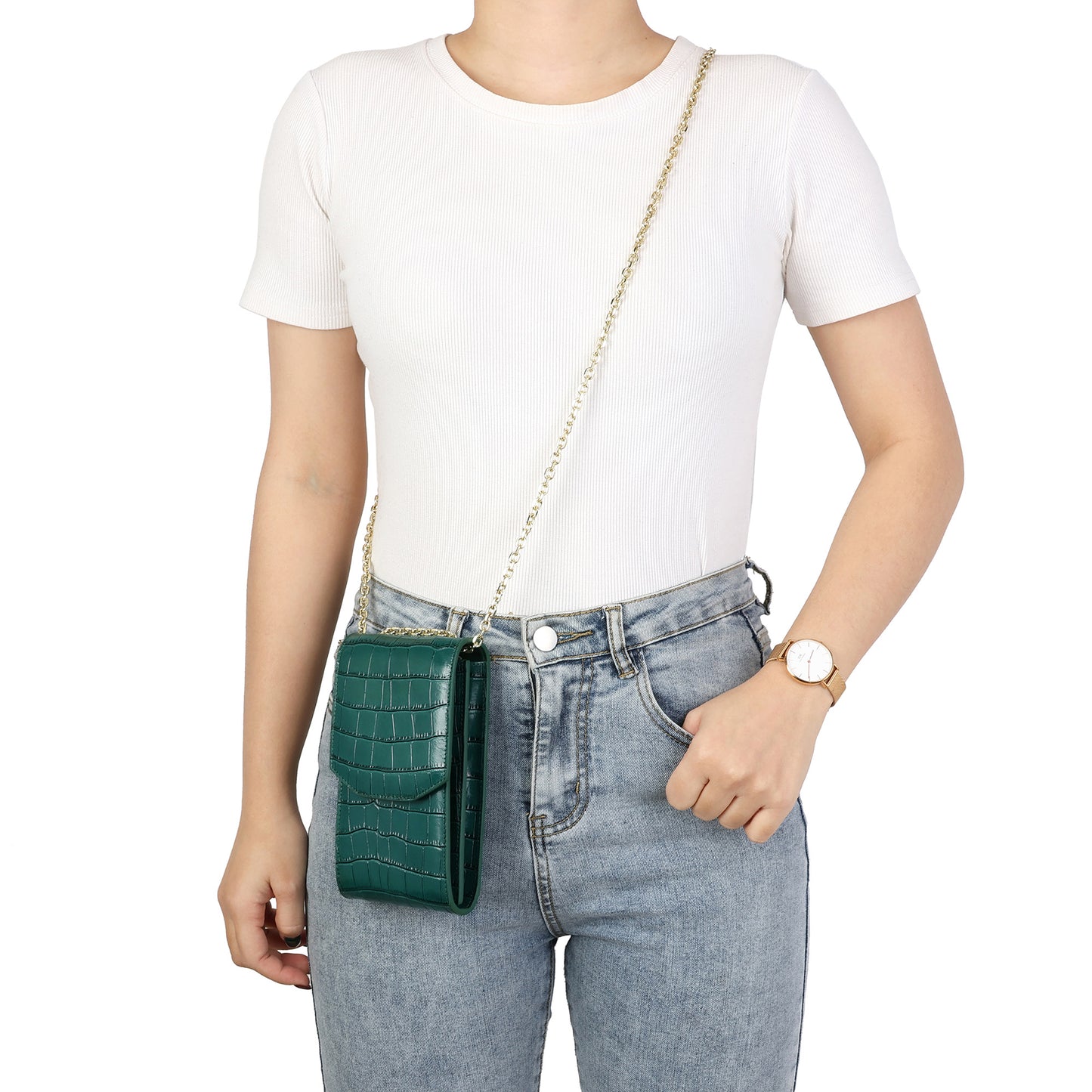 Compact Croc-Embossed Crossbody Bag with Chain Strap