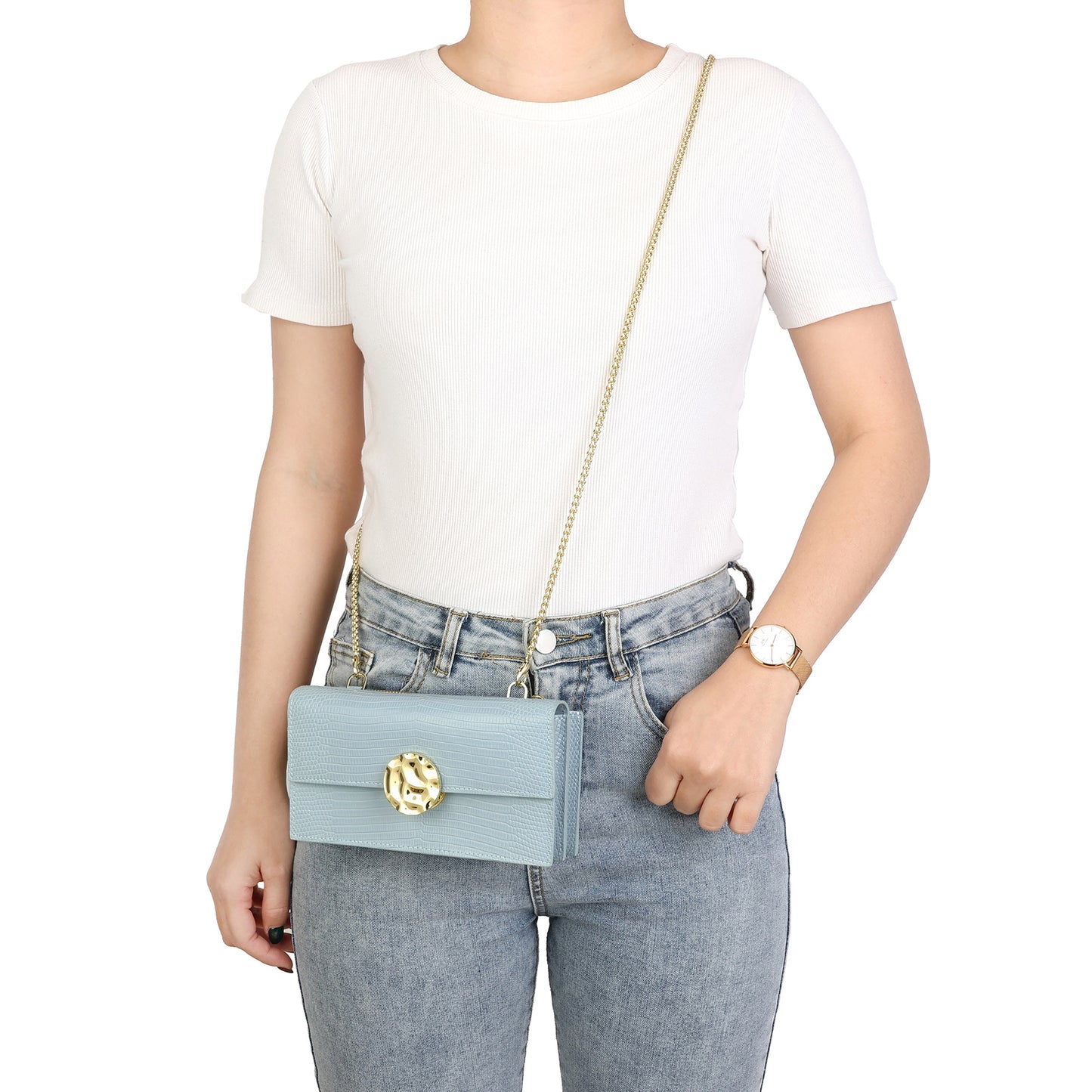 Croc-Embossed Leather Shoulder Bag