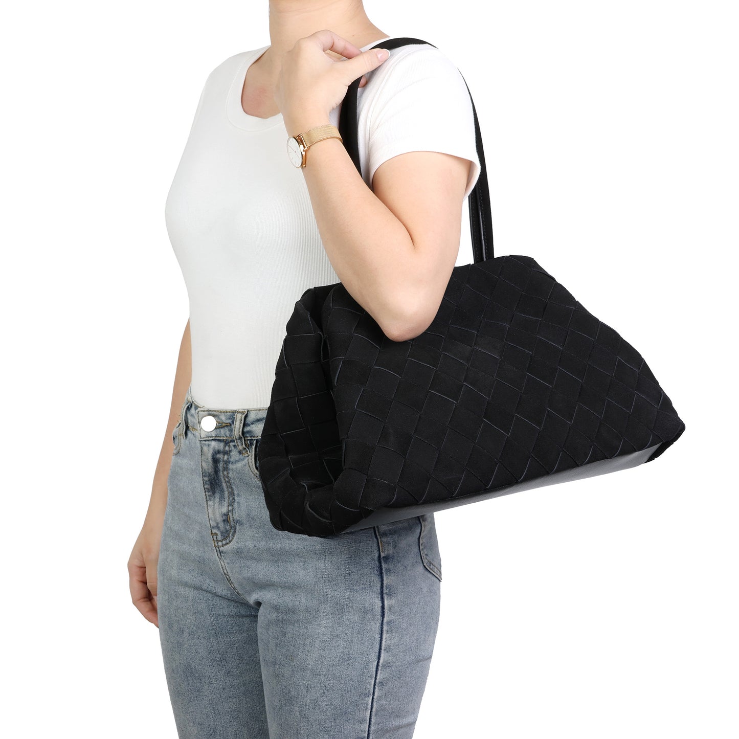 Woven Suede Leather Shoulder Tote Bag