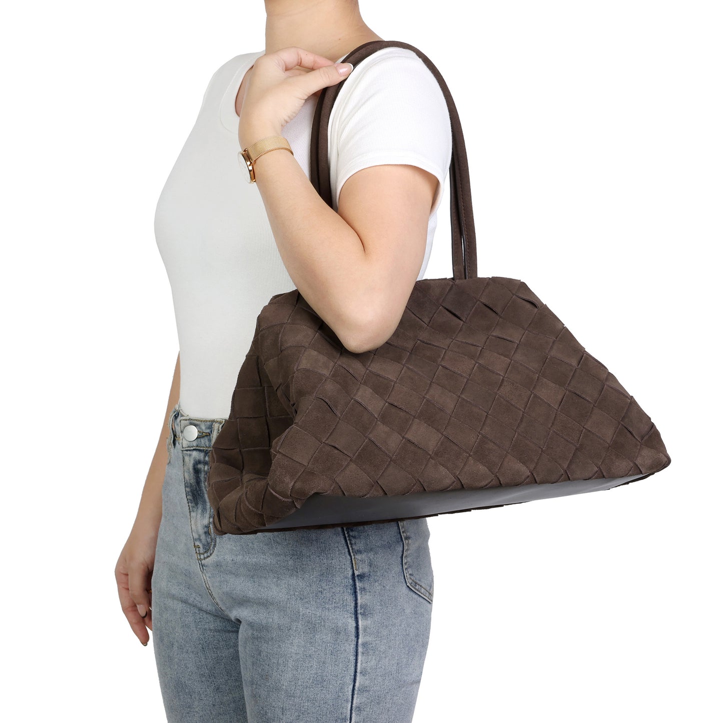 Woven Suede Leather Shoulder Tote Bag