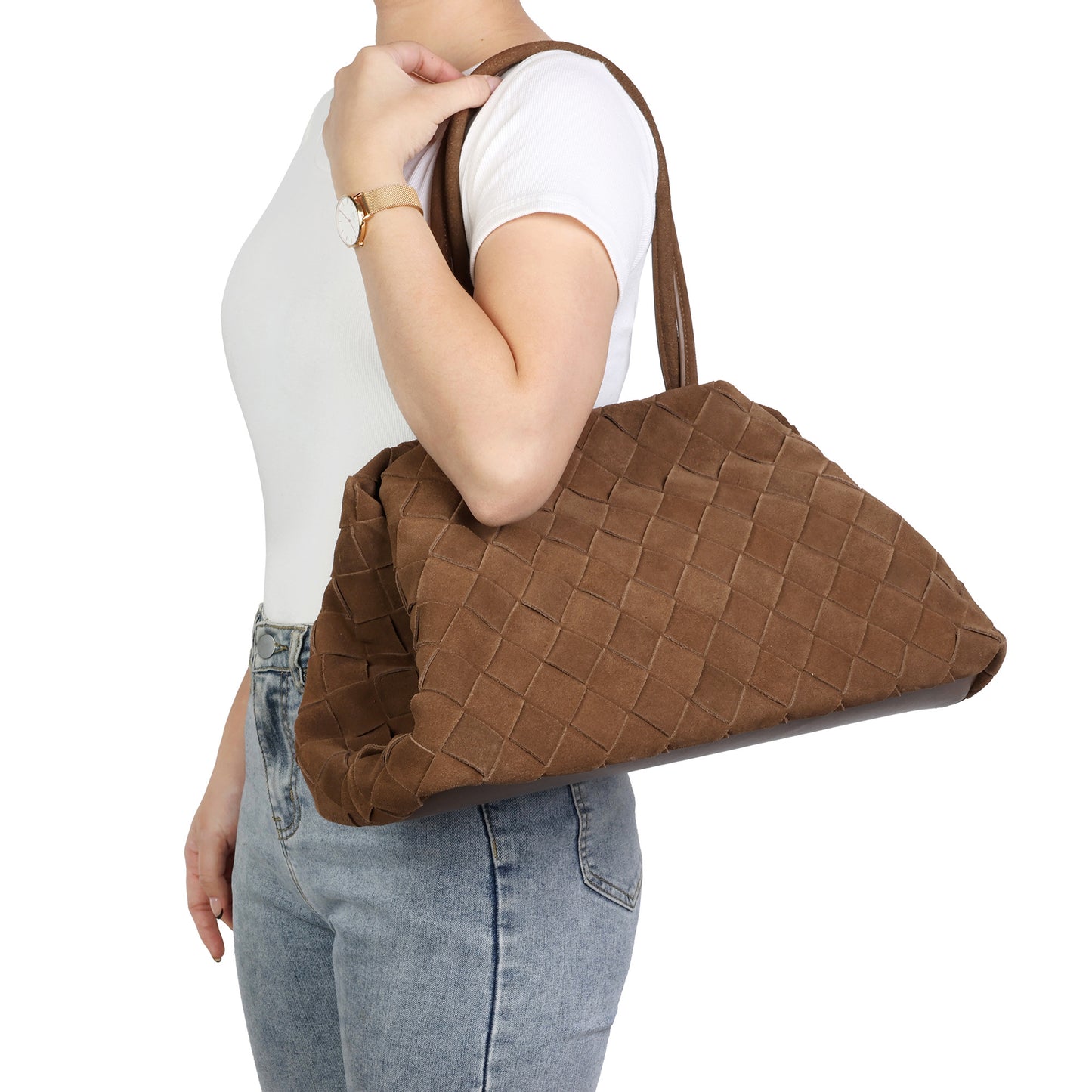 Woven Suede Leather Shoulder Tote Bag