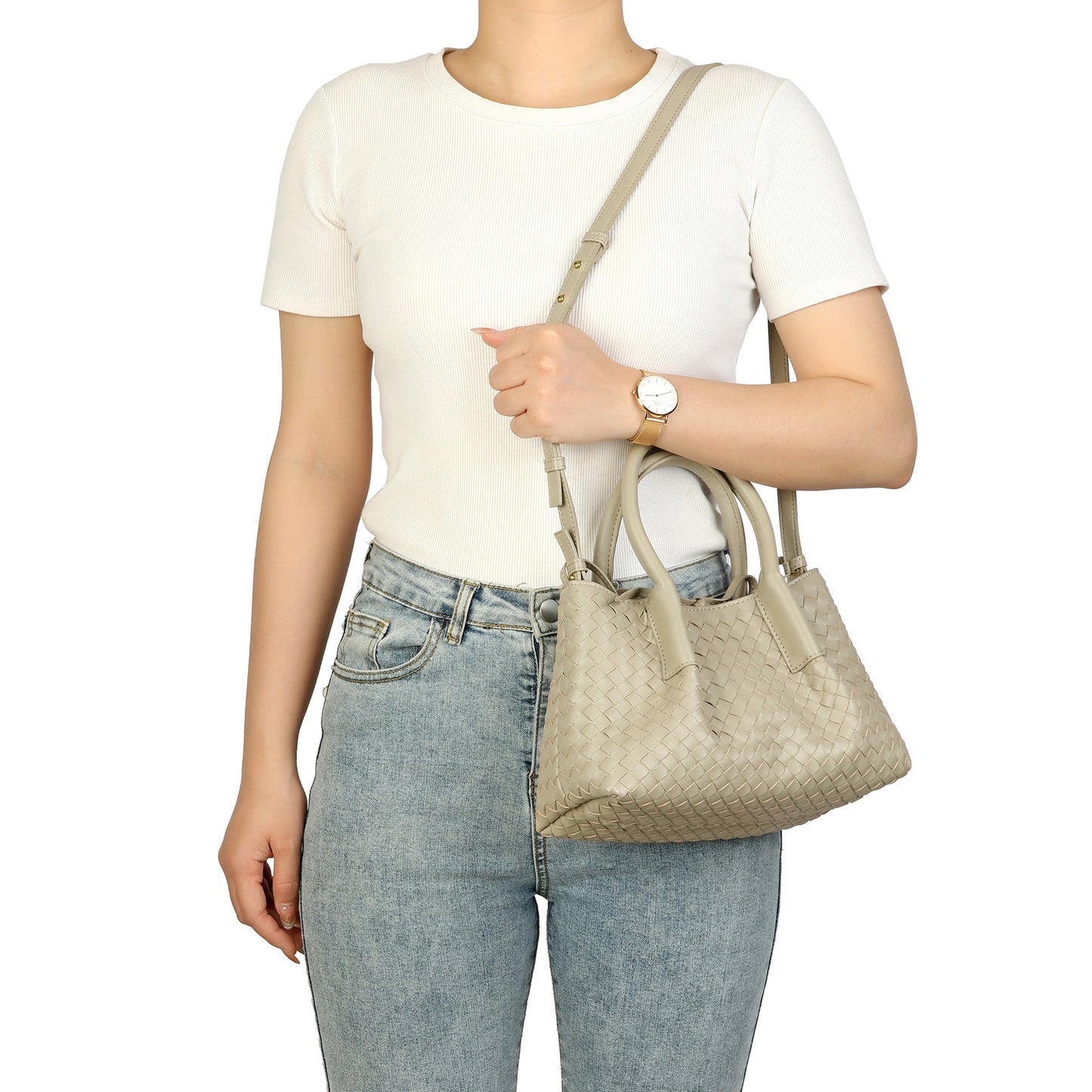 Structured Woven Leather Top Handle Bag with Crossbody Strap