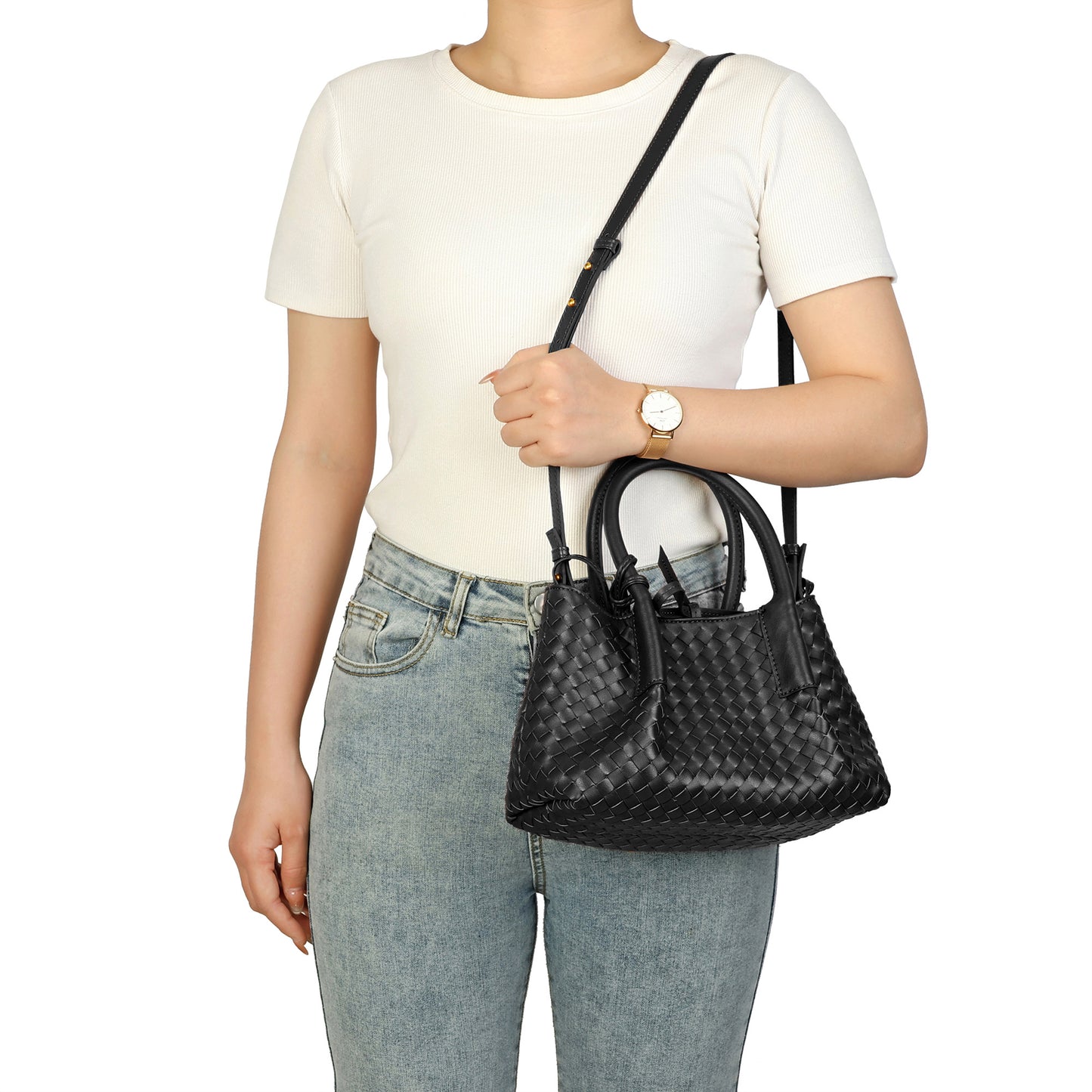 Structured Woven Leather Top Handle Bag with Crossbody Strap