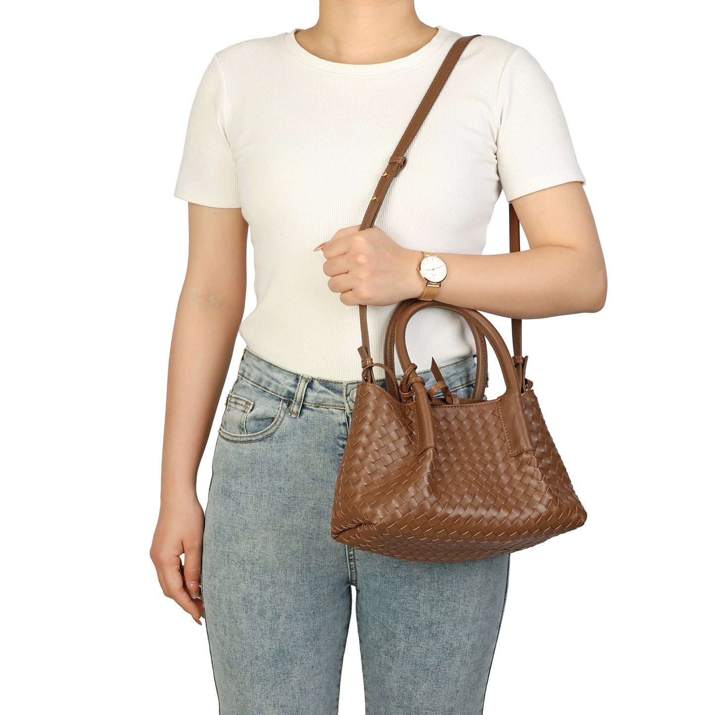 Structured Woven Leather Top Handle Bag with Crossbody Strap