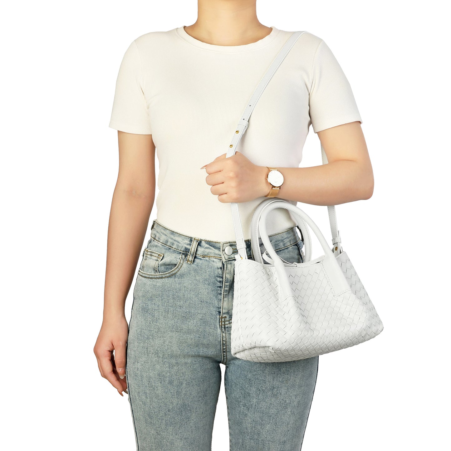 Structured Woven Leather Top Handle Bag with Crossbody Strap