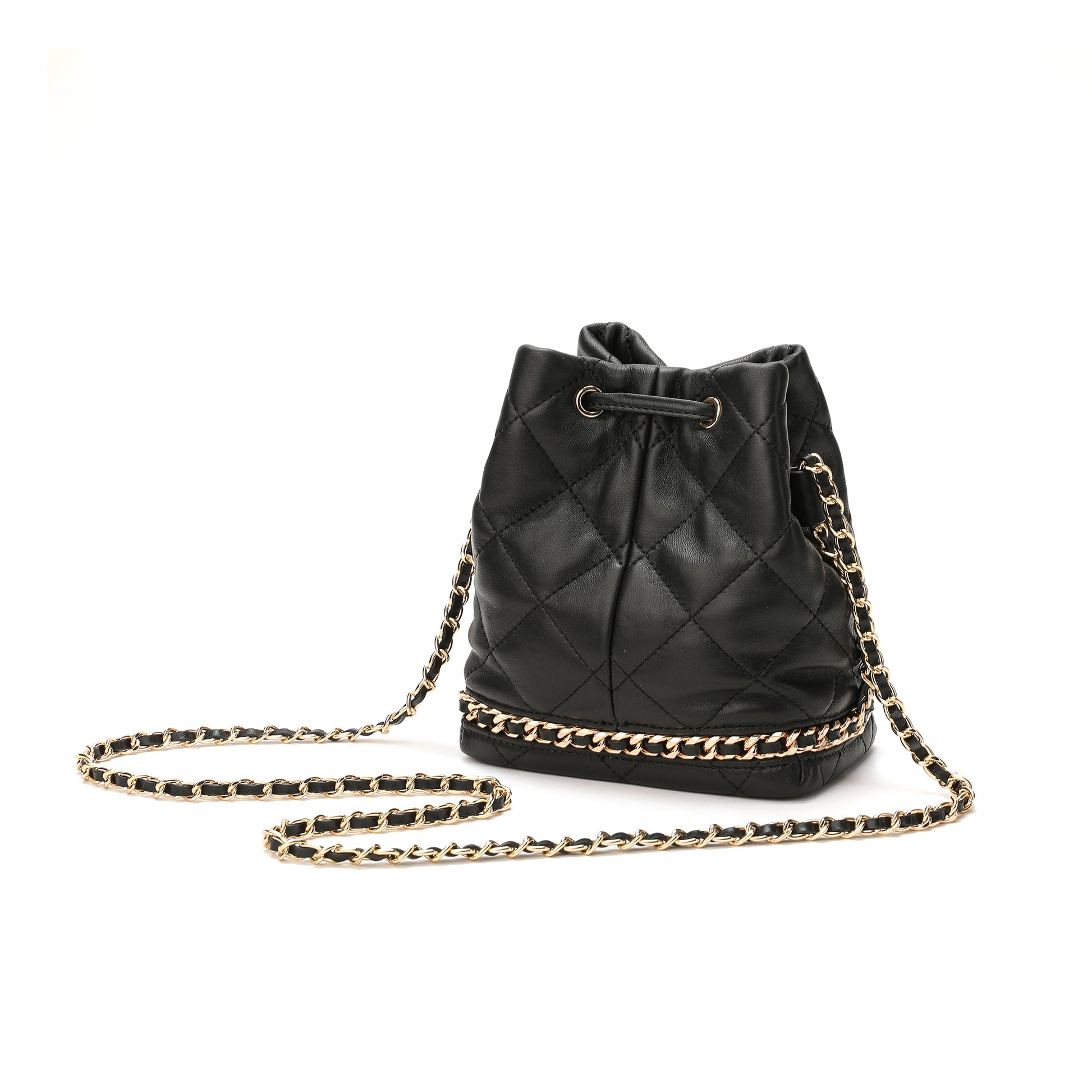 Vintage Chanel CC 1986-88 Black Quilted Leather Canvas Drawstring Bucket Bag