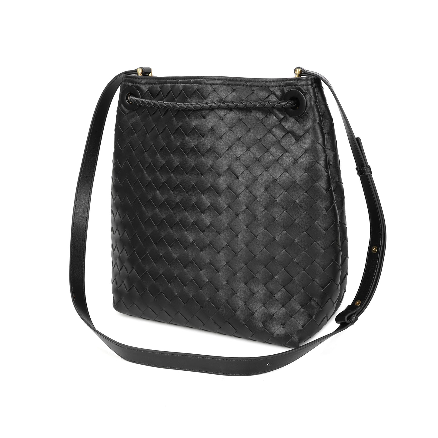 Woven Leather Bucket Shoulder Bag with Adjustable Strap