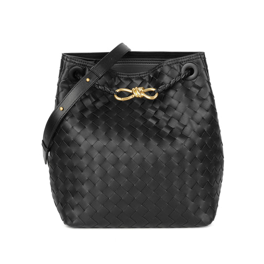 Woven Leather Bucket Shoulder Bag with Adjustable Strap