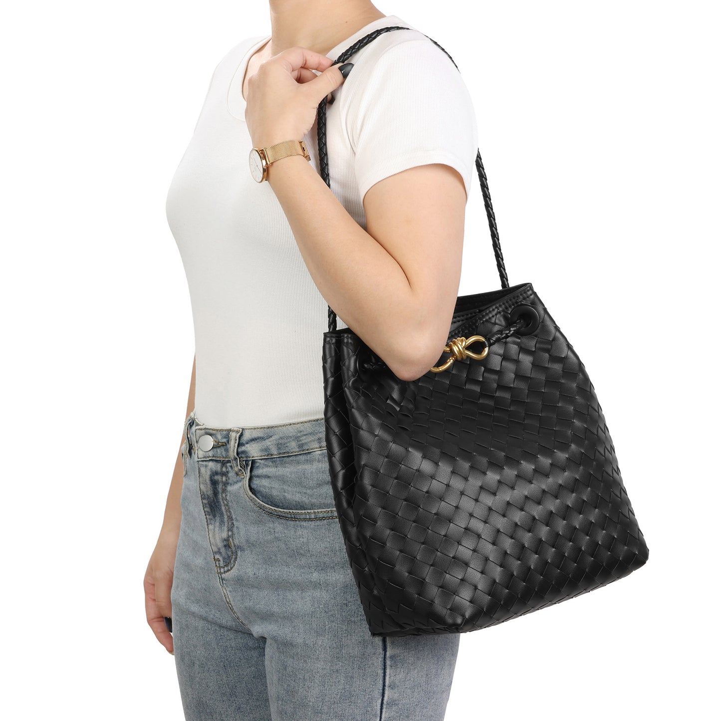 Woven Leather Bucket Shoulder Bag with Adjustable Strap