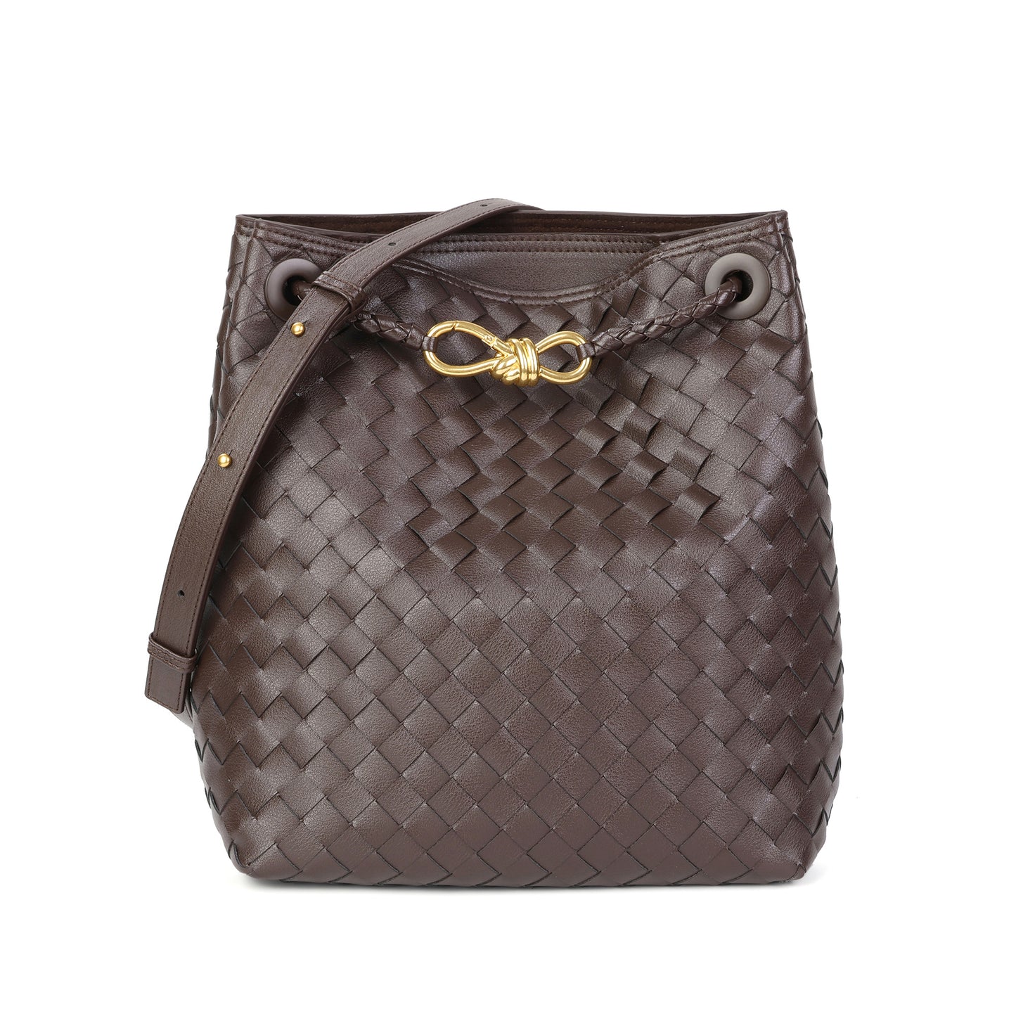 Woven Leather Bucket Shoulder Bag with Adjustable Strap