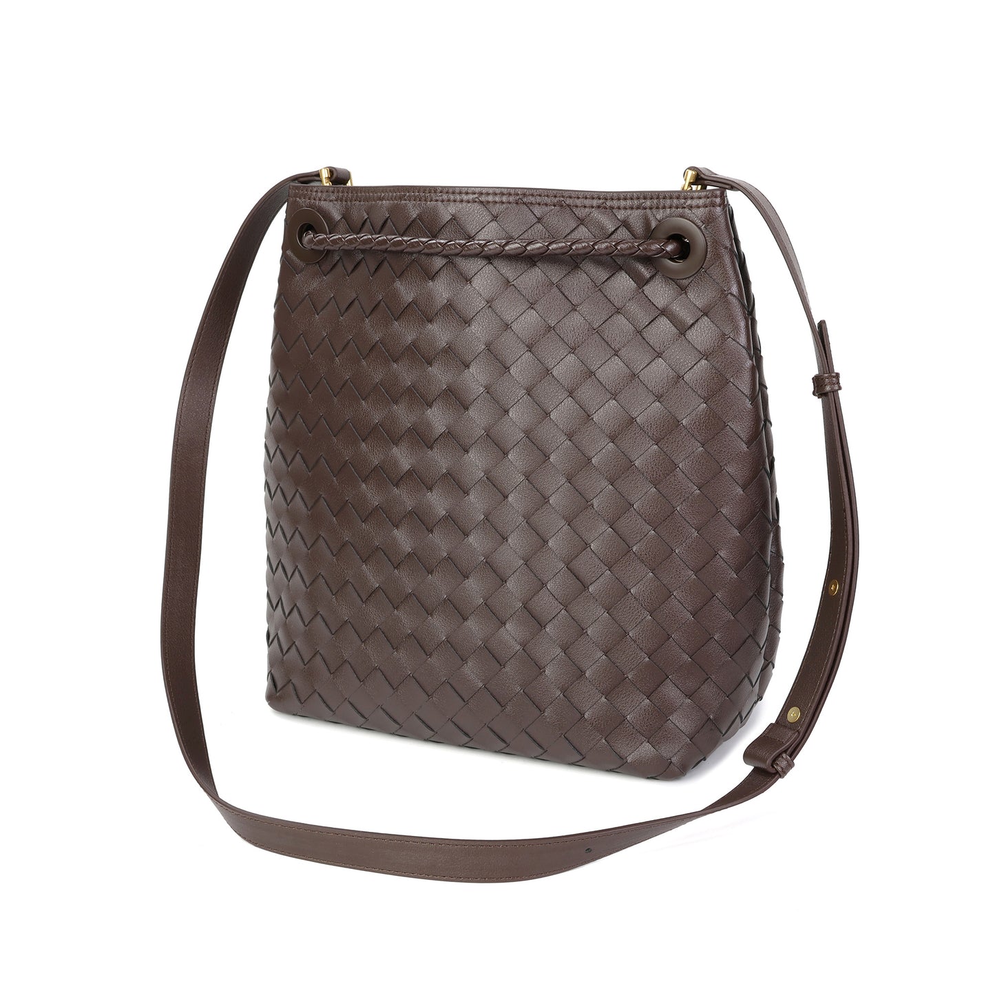 Woven Leather Bucket Shoulder Bag with Adjustable Strap