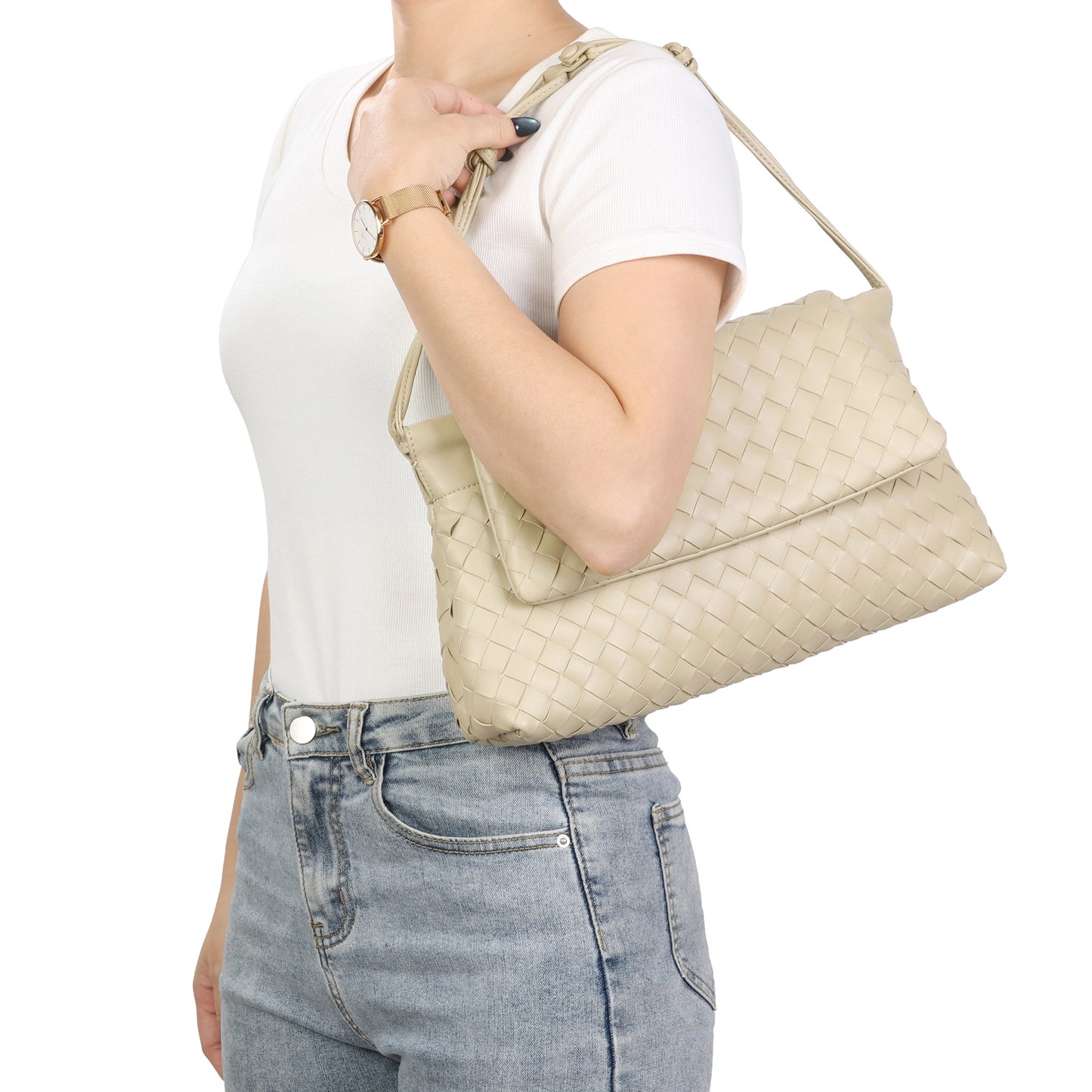 Woven Leather Foldover Shoulder Bag