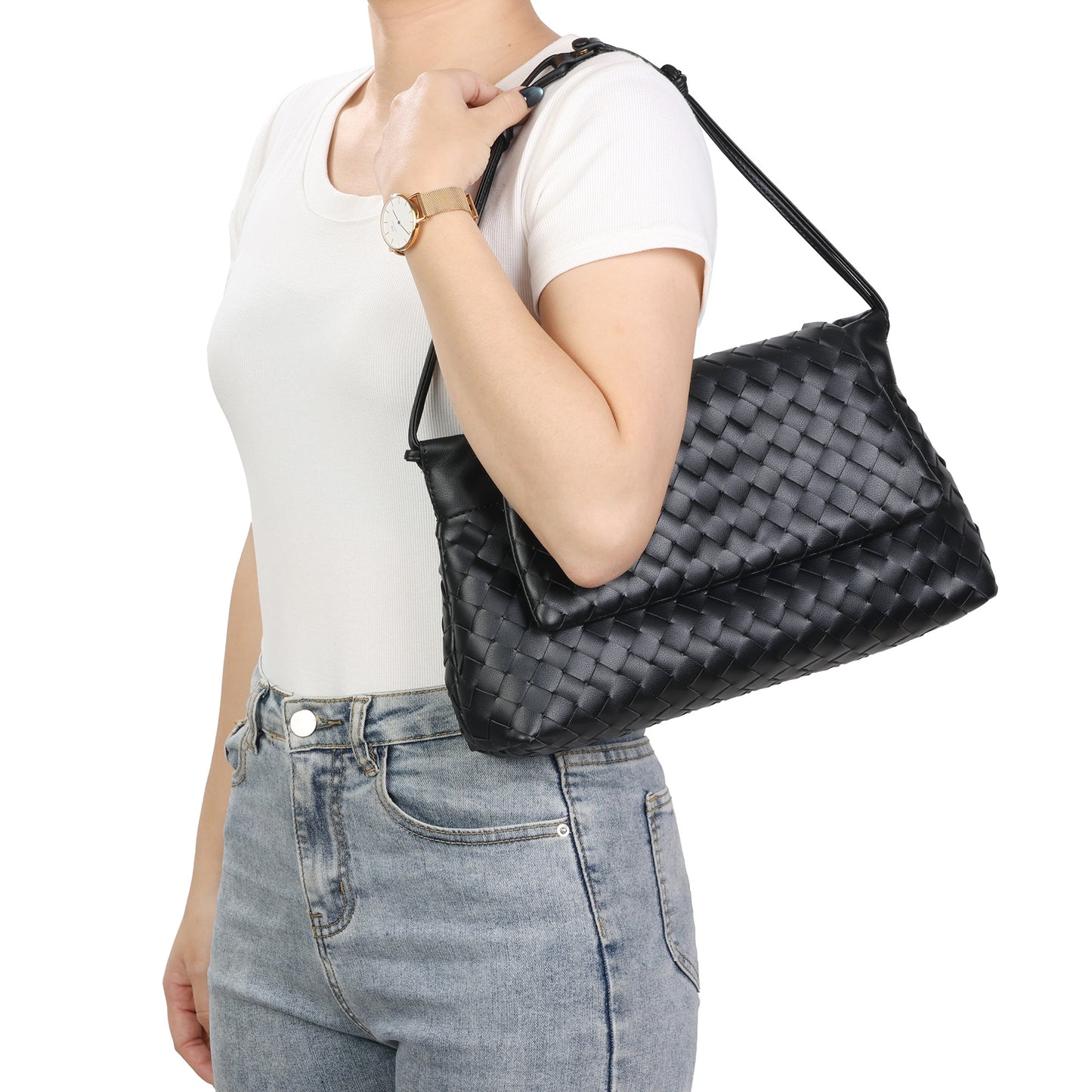 Woven Leather Foldover Shoulder Bag