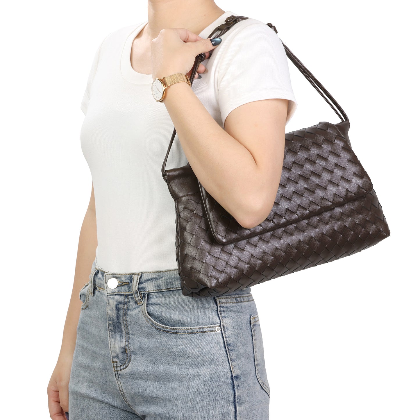 Woven Leather Foldover Shoulder Bag