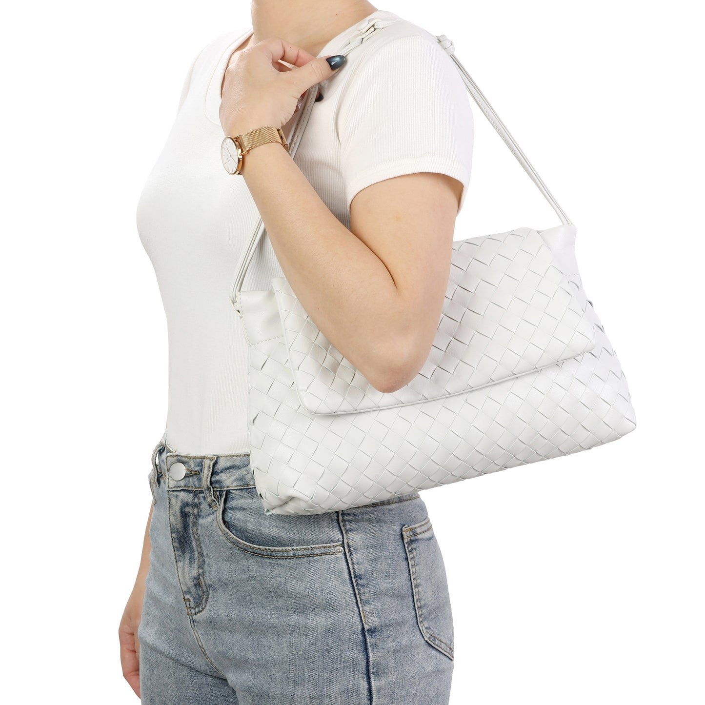 Woven Leather Foldover Shoulder Bag