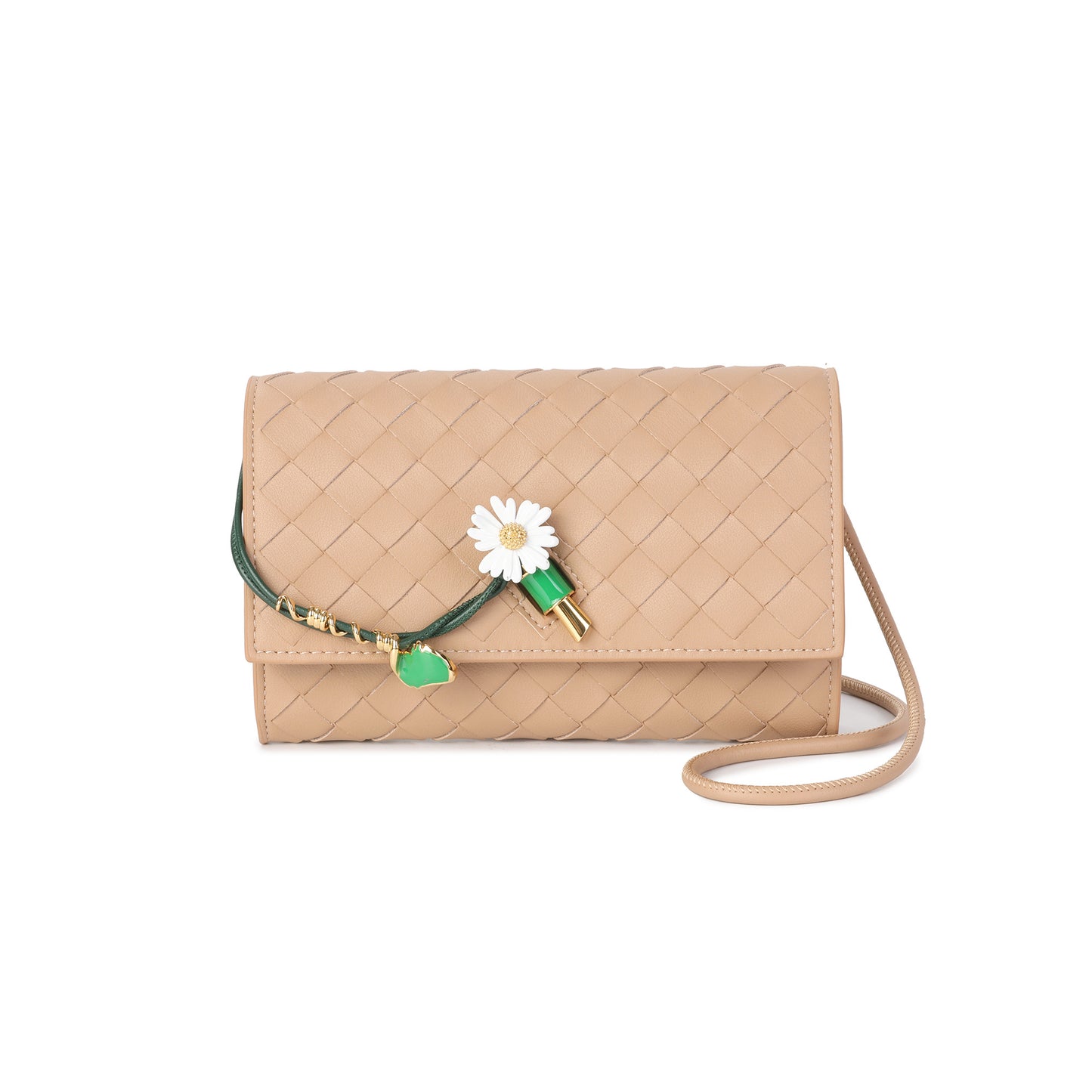 Woven Leather Floral Charm Crossbody Clutch