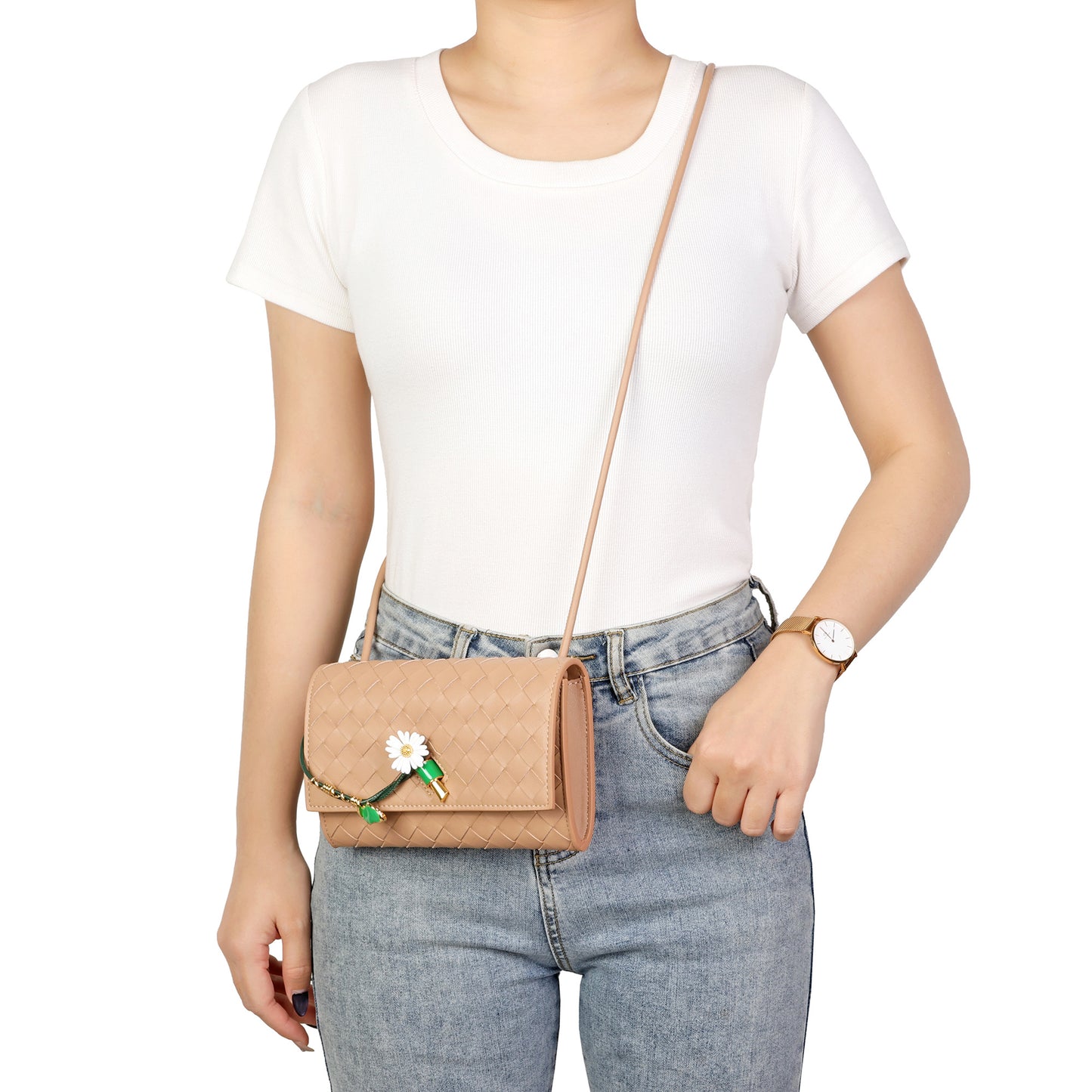 Woven Leather Floral Charm Crossbody Clutch