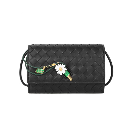 Woven Leather Floral Charm Crossbody Clutch