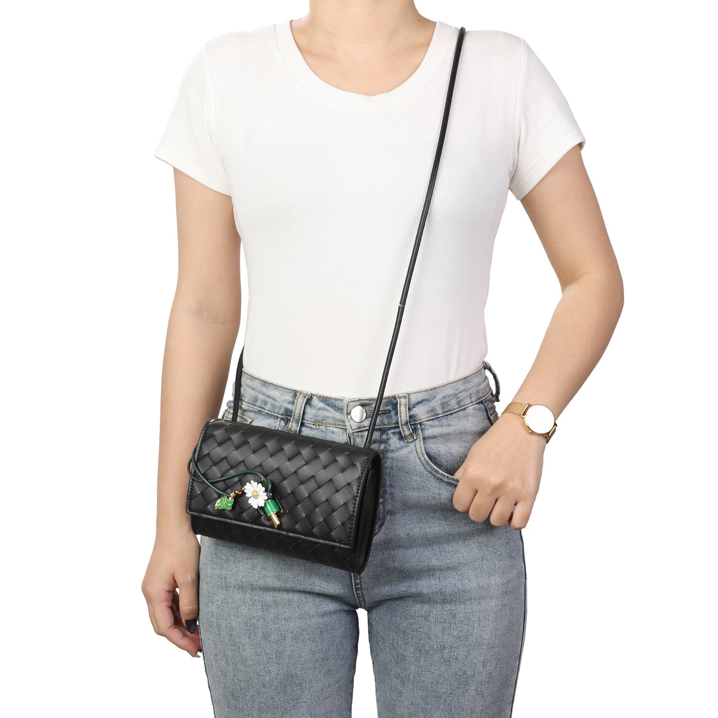 Woven Leather Floral Charm Crossbody Clutch