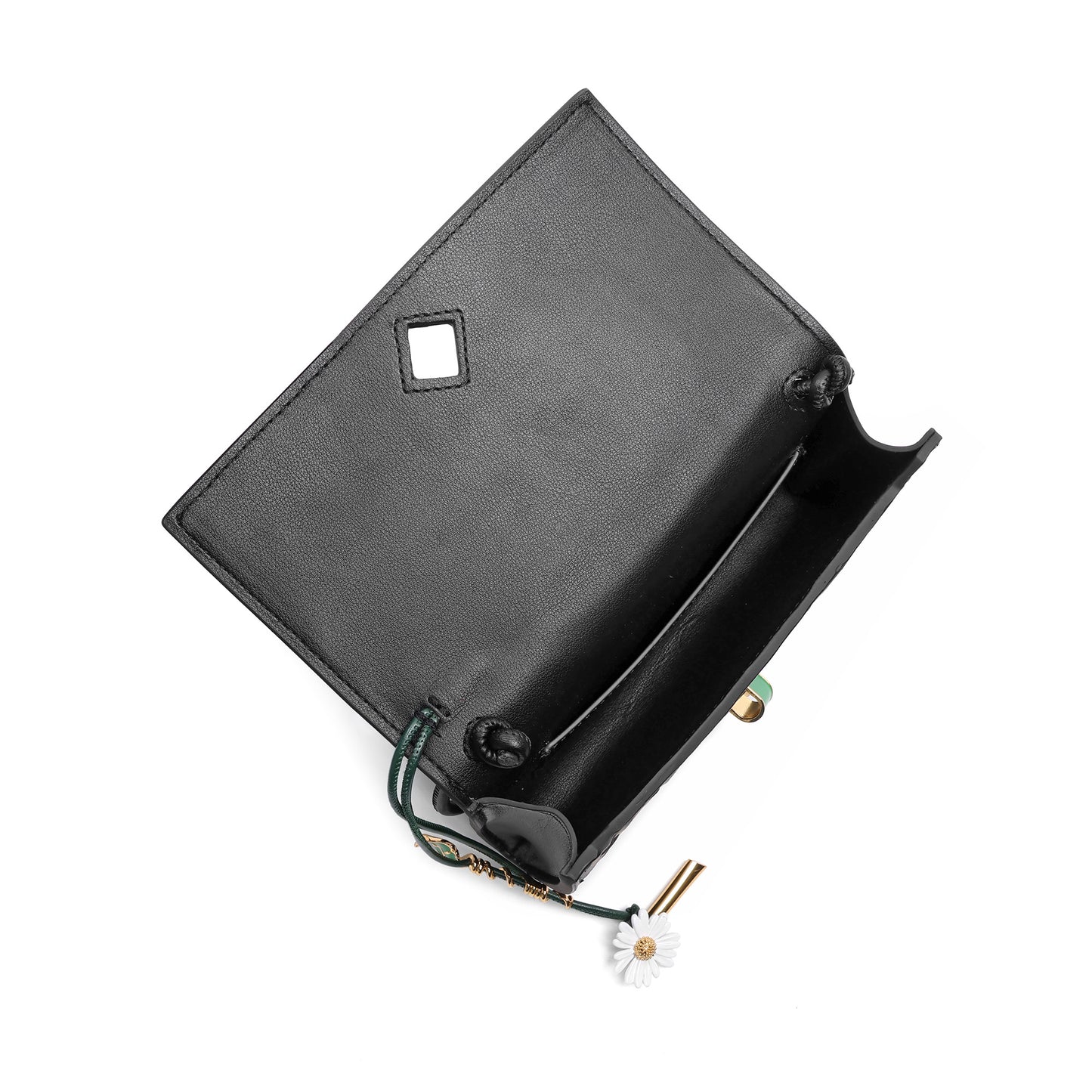 Woven Leather Floral Charm Crossbody Clutch