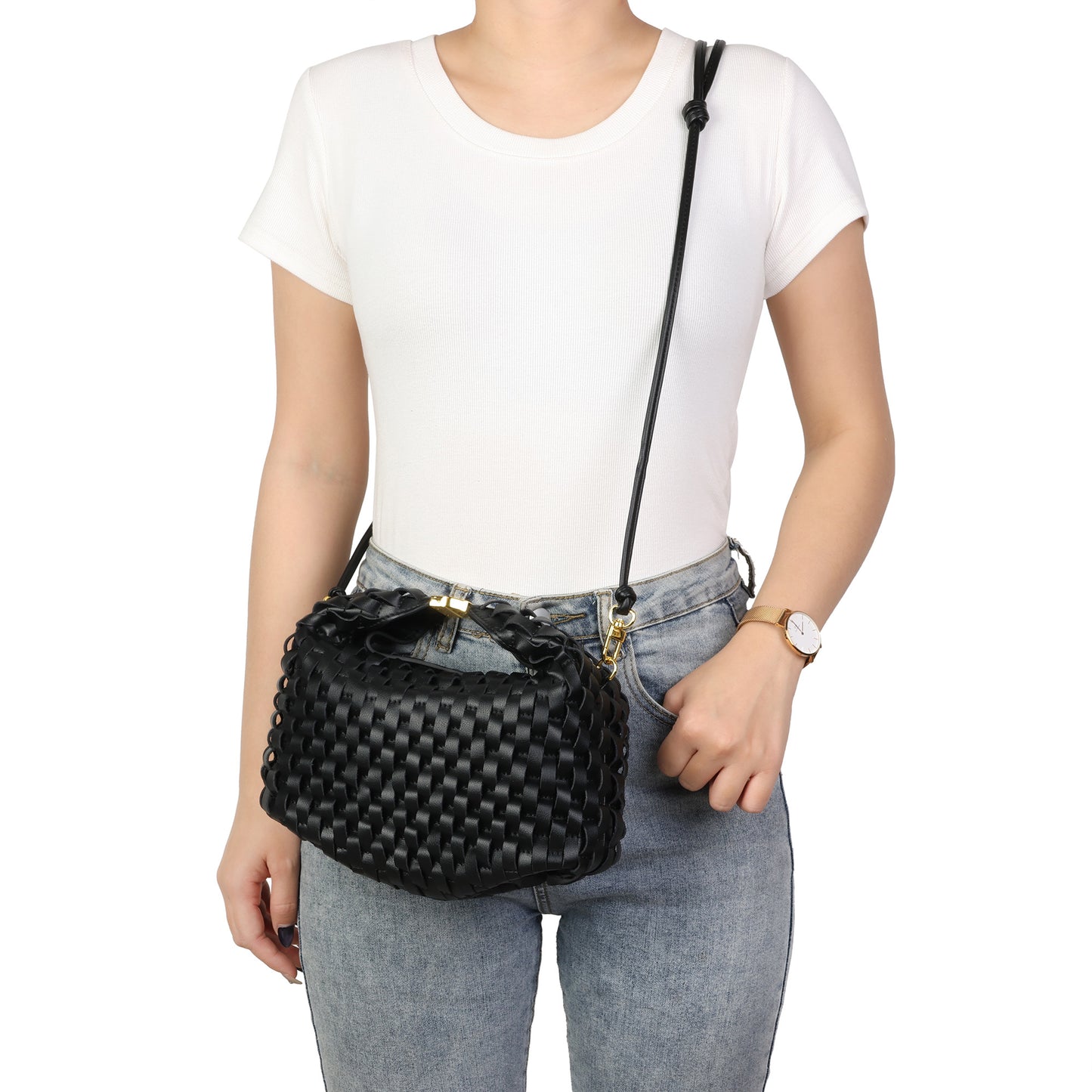 Woven Leather Top Handle Crossbody