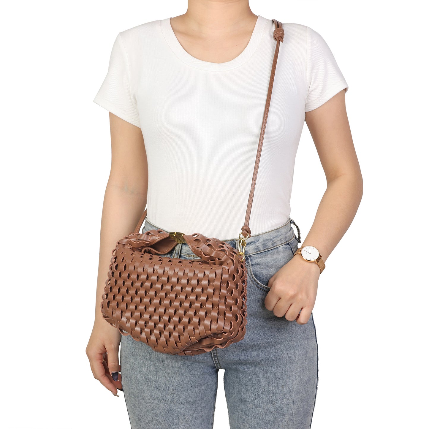 Woven Leather Top Handle Crossbody