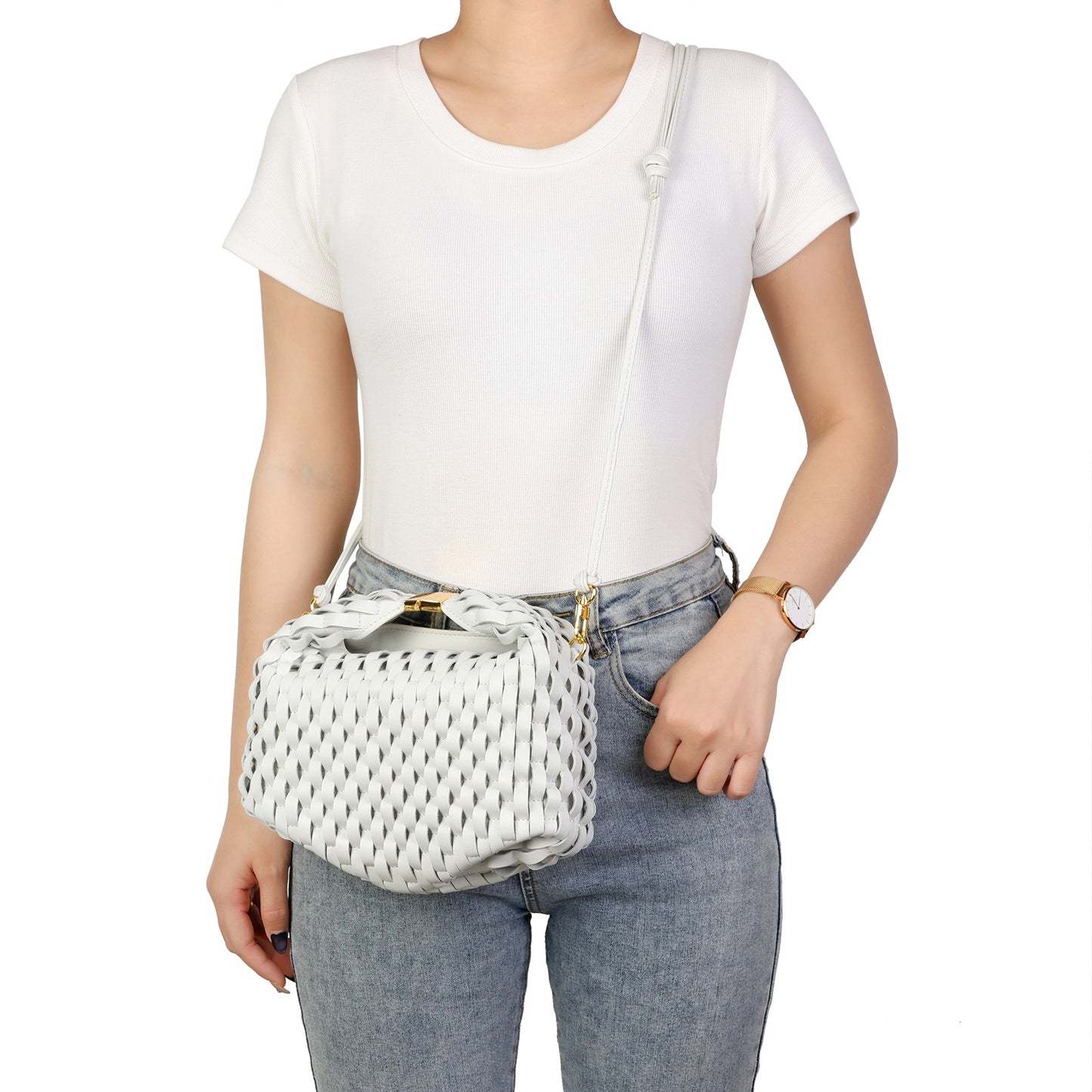 Woven Leather Top Handle Crossbody
