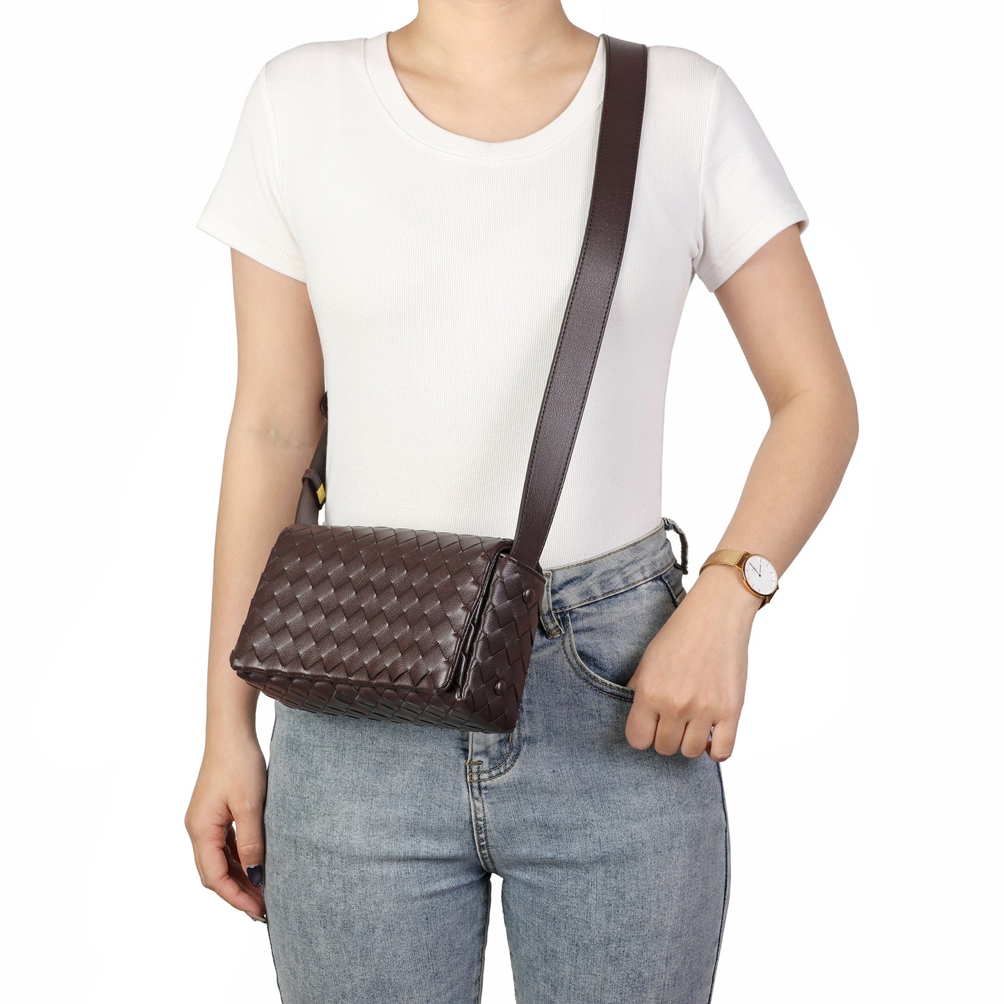 Woven Leather Flap Crossbody Bag