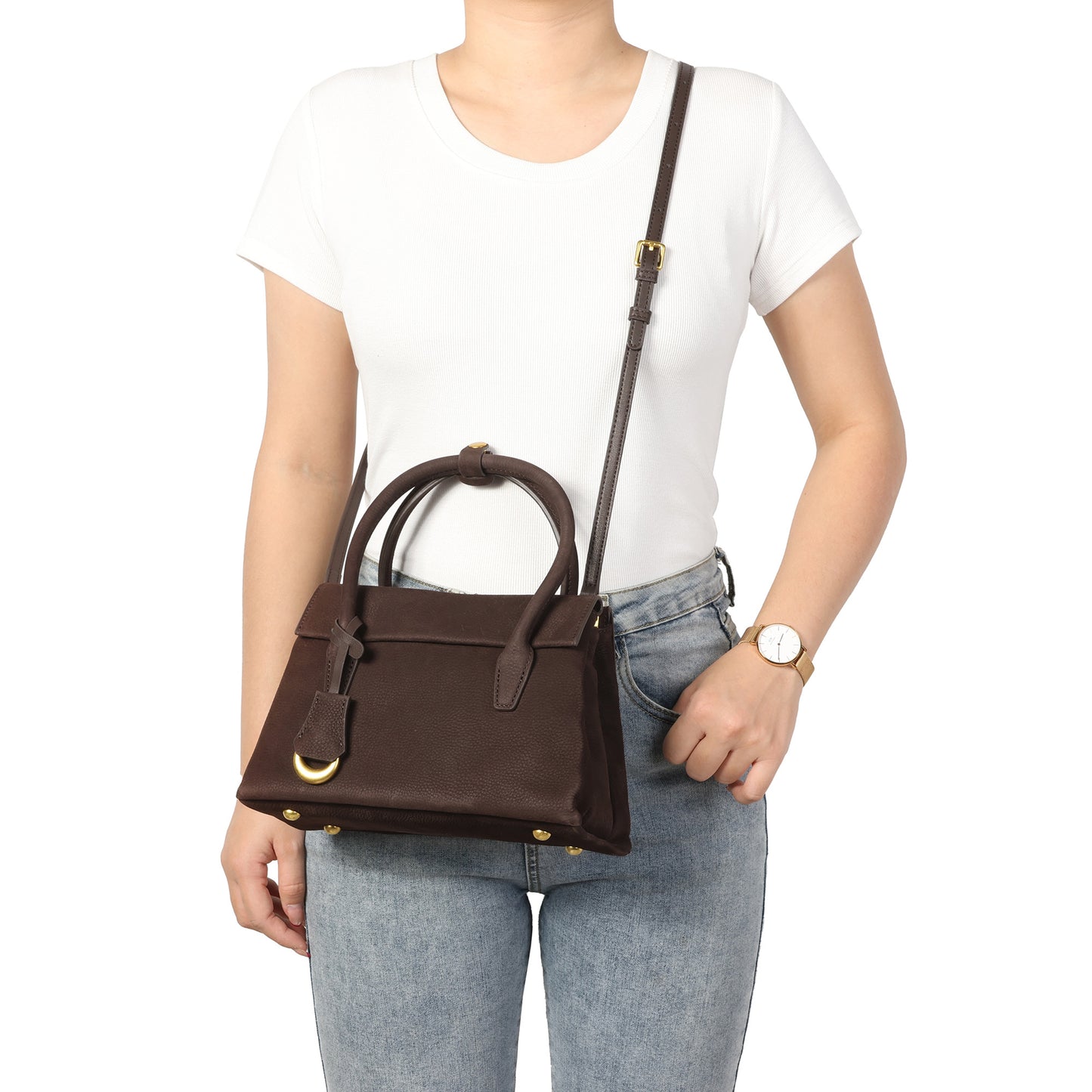 Suede Leather Top-Handle Satchel with Convertible Crossbody Strap