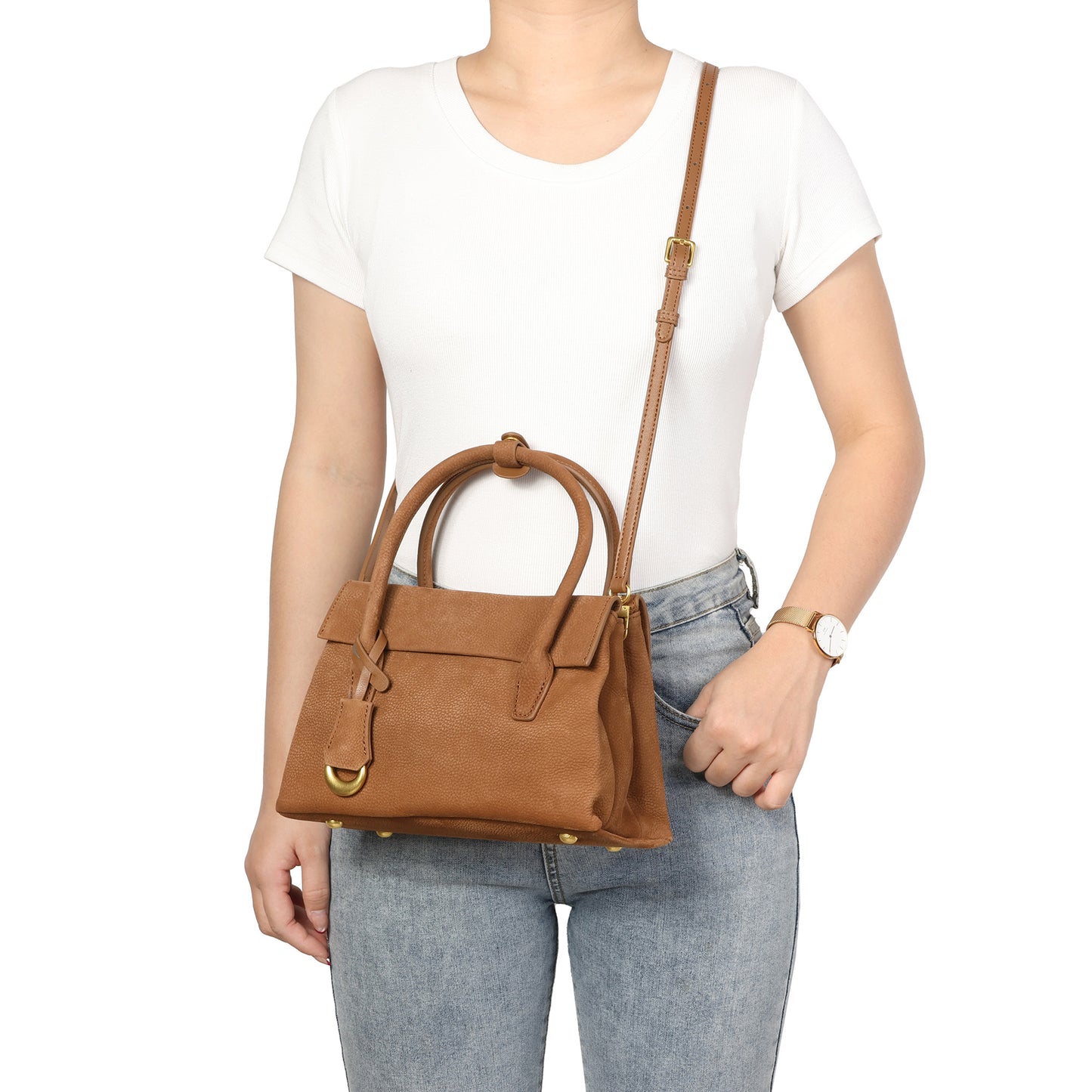 Suede Leather Top-Handle Satchel with Convertible Crossbody Strap
