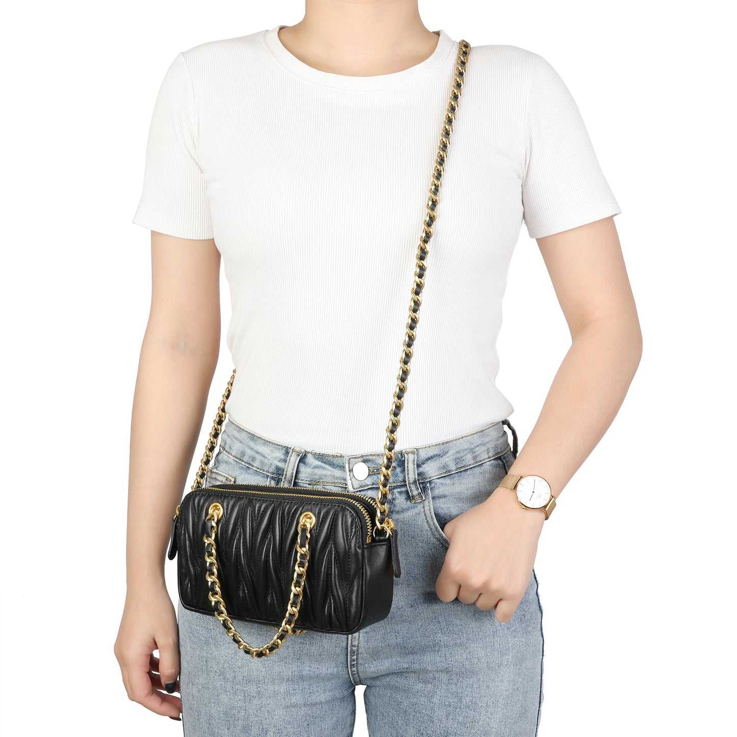 Luxe Quilted Leather Crossbody with Gold Chain Detail