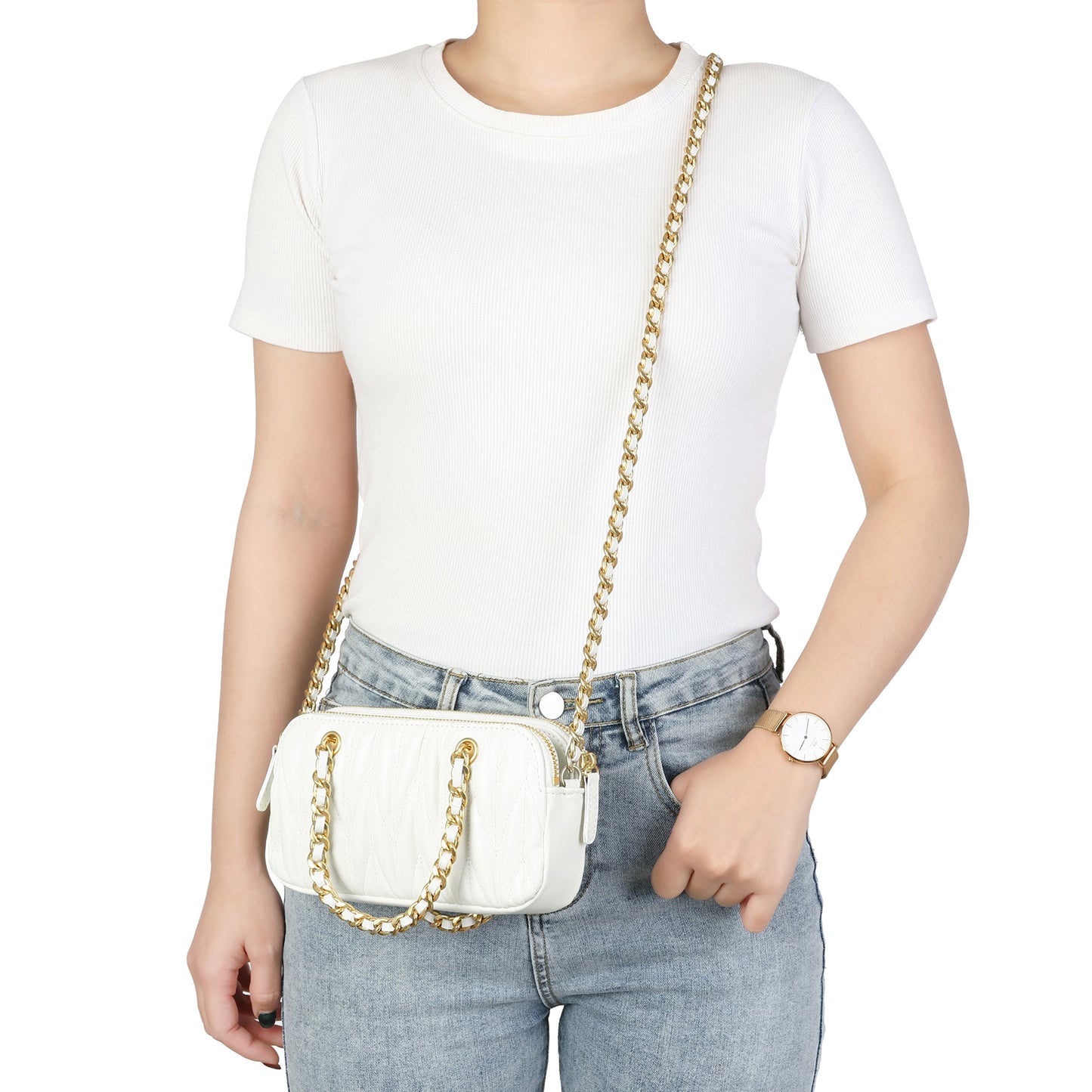 Luxe Quilted Leather Crossbody with Gold Chain Detail