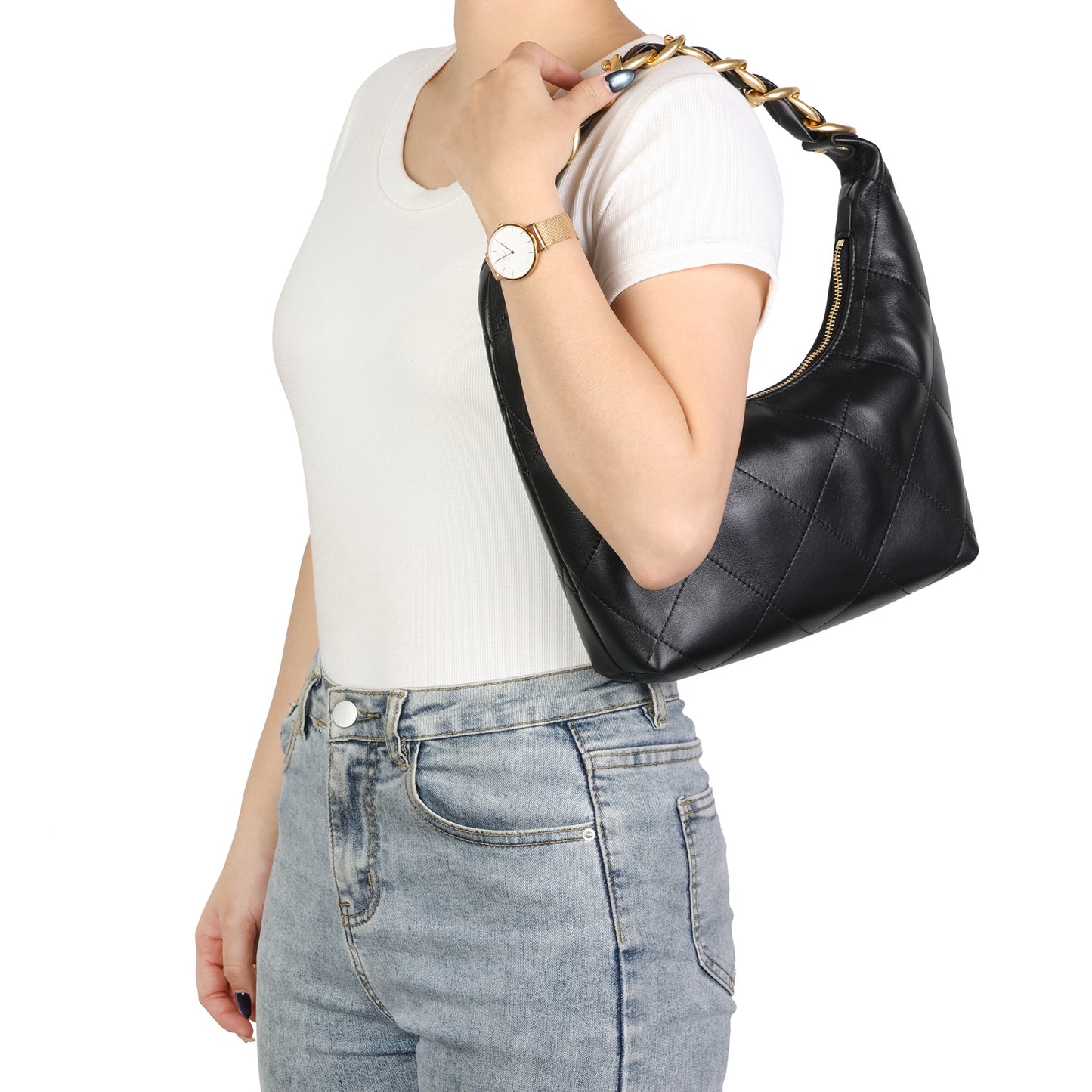 Soft Quilted Leather Shoulder Bag with Gold Chain Handle