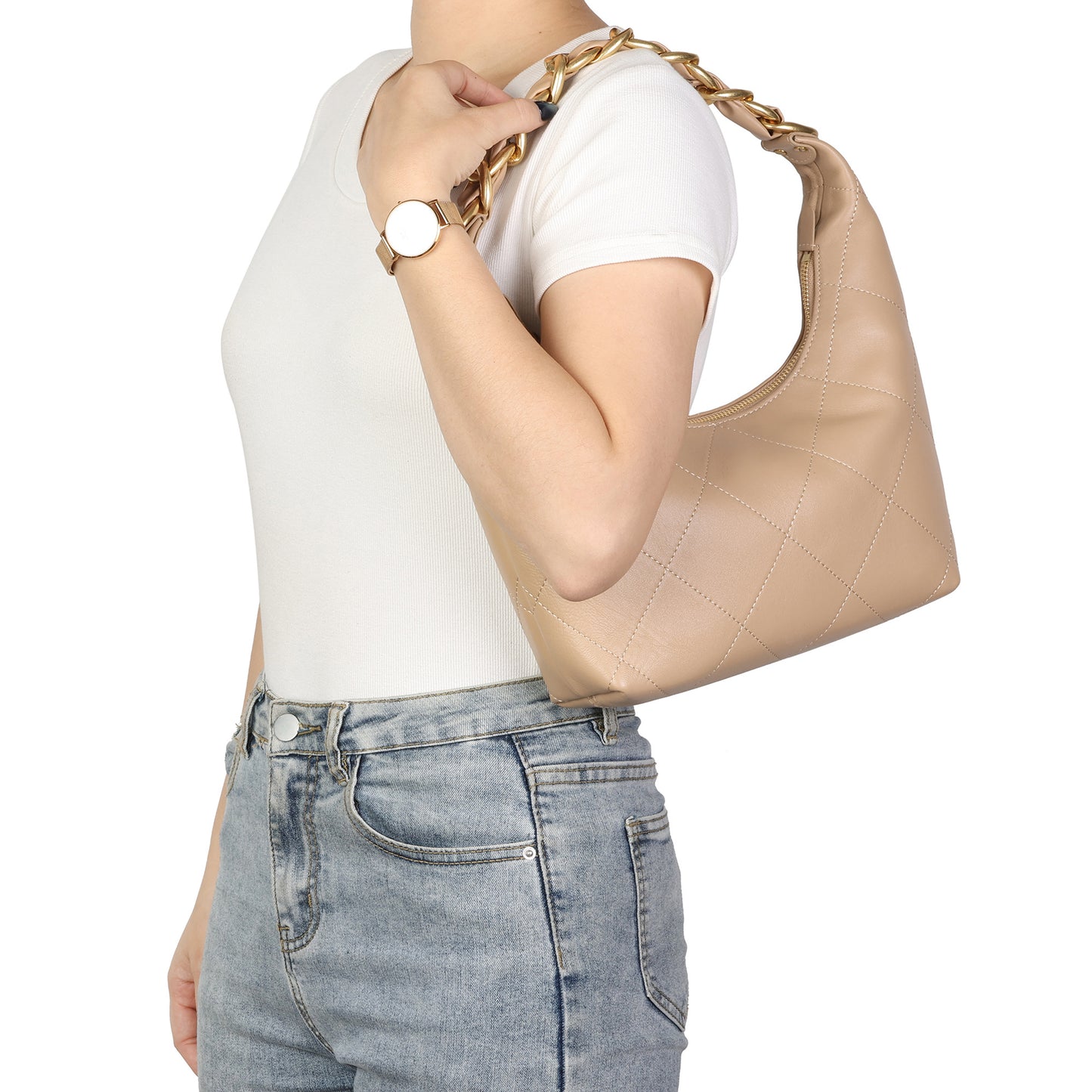 Soft Quilted Leather Shoulder Bag with Gold Chain Handle