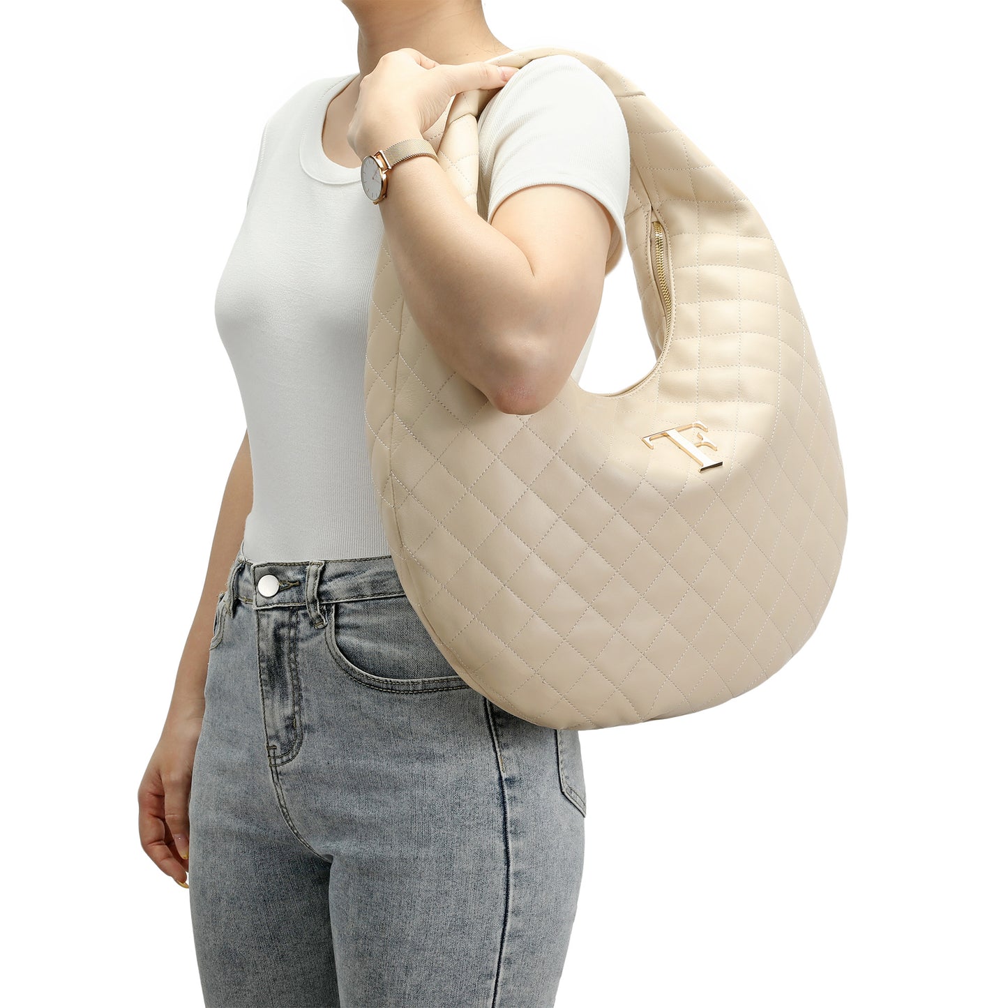 Quilted Sheepskin Leather Hobo Shoulder Bag