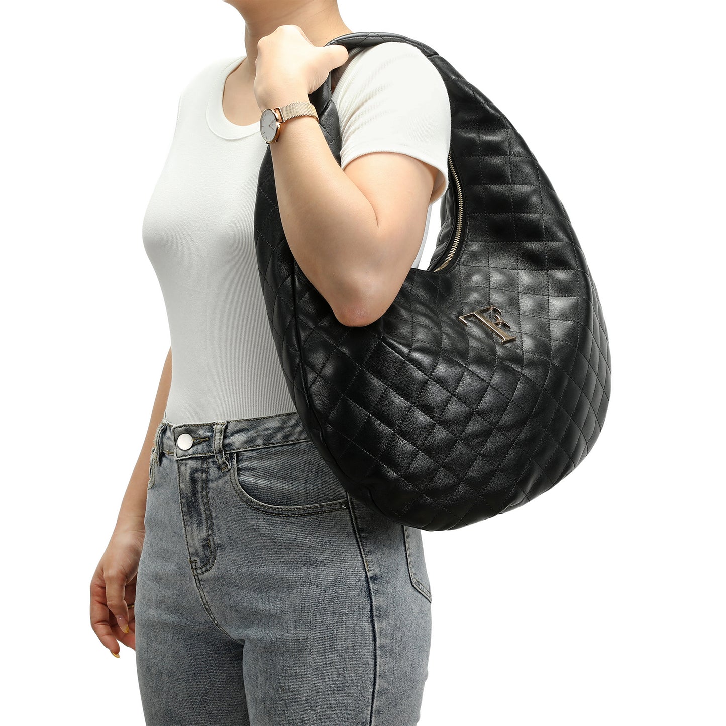 Quilted Sheepskin Leather Hobo Shoulder Bag
