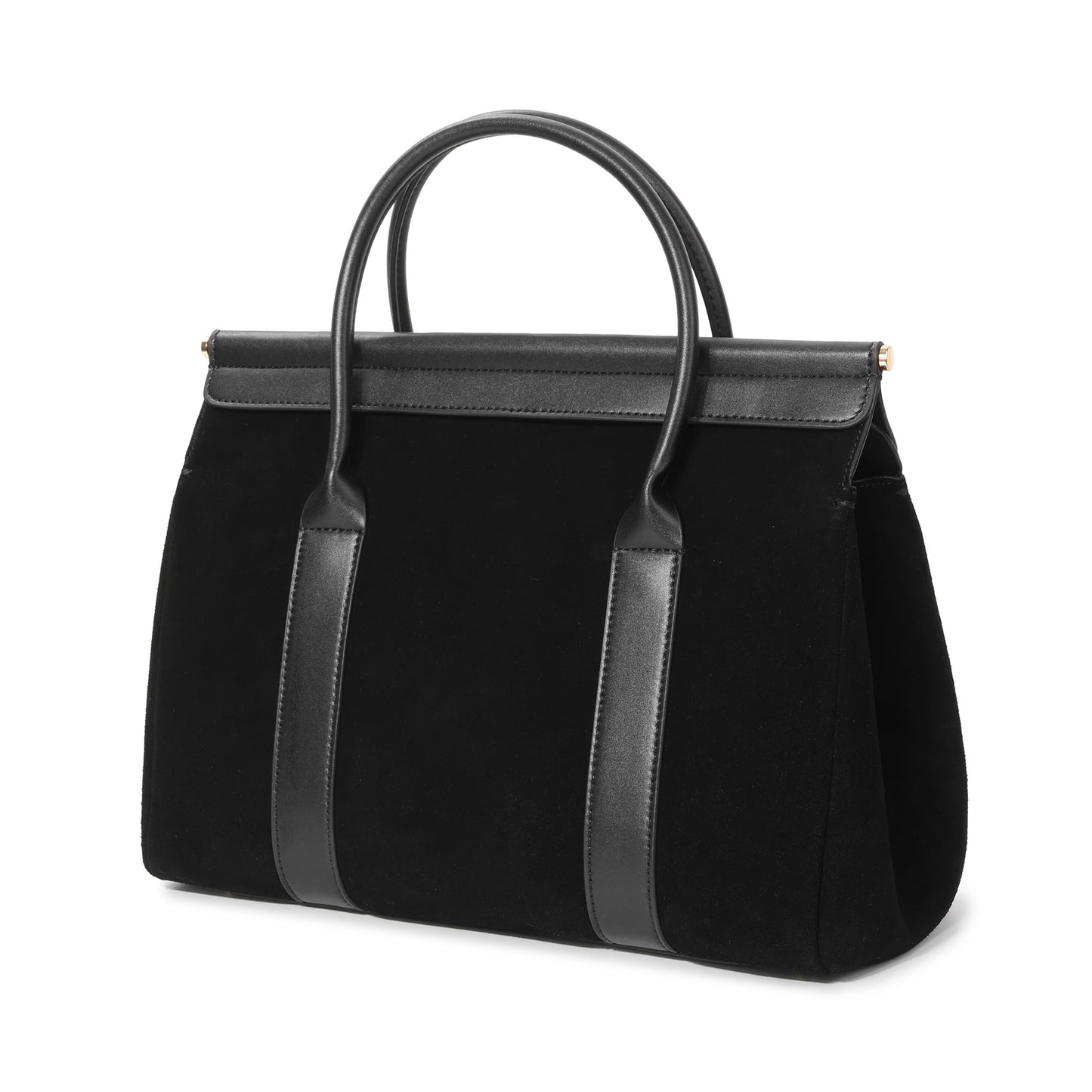 Suede and Leather Top Handle Satchel with Gold Lock Accent