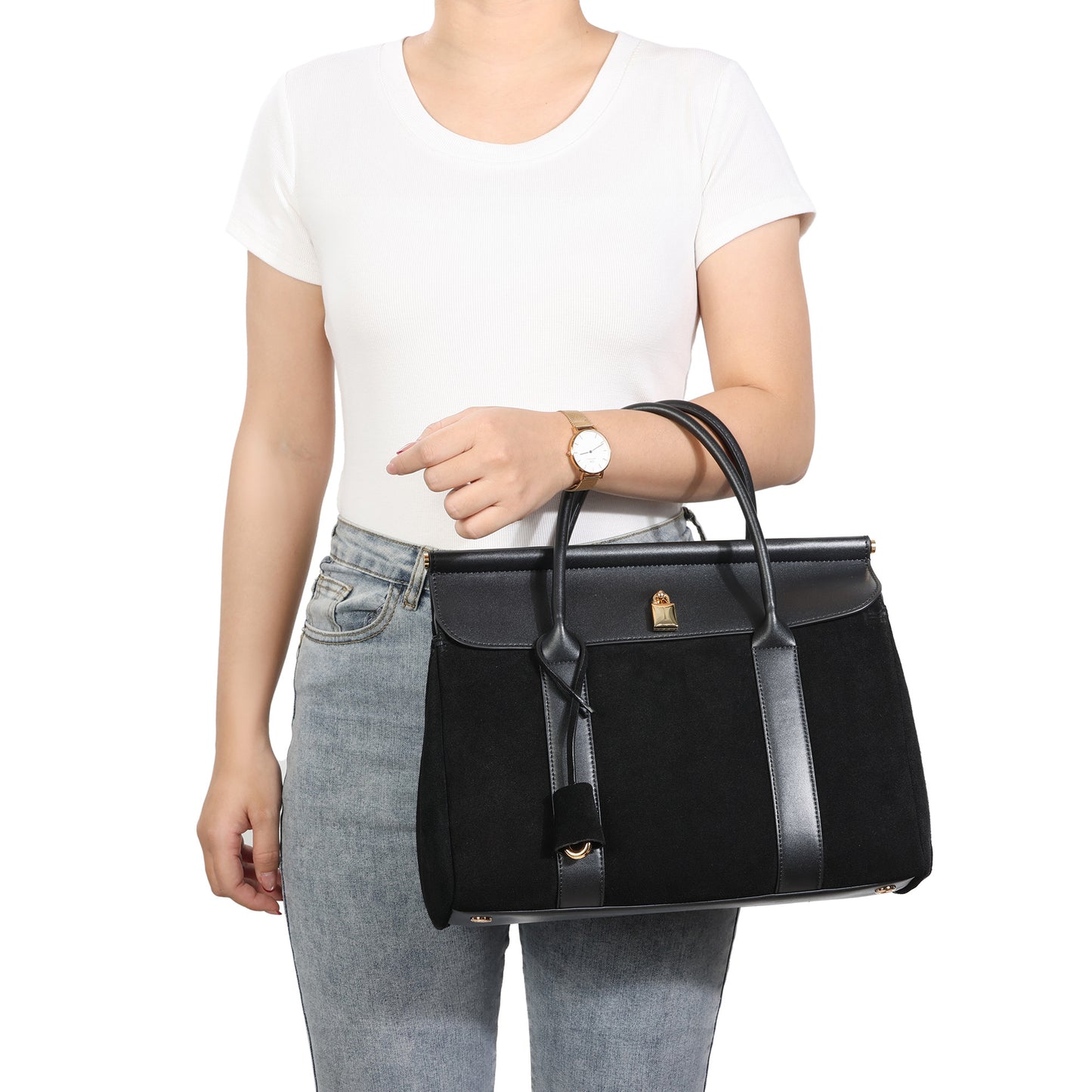 Suede and Leather Top Handle Satchel with Gold Lock Accent